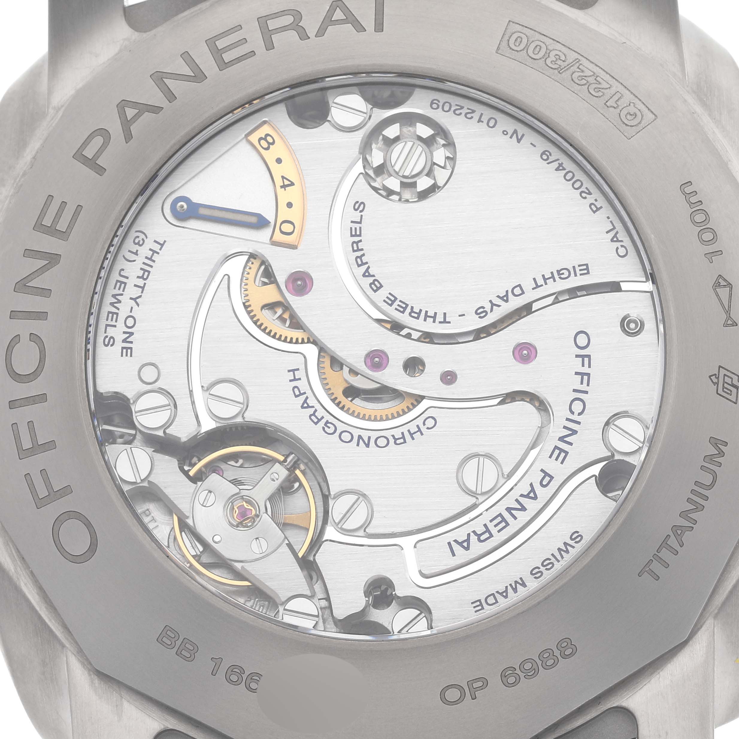 This image shows the back of the Panerai Luminor PAM00579 Men's Titanium Brown Dial PAM00579 Men's Titanium Brown Dial watch, displaying its internal mechanical parts.