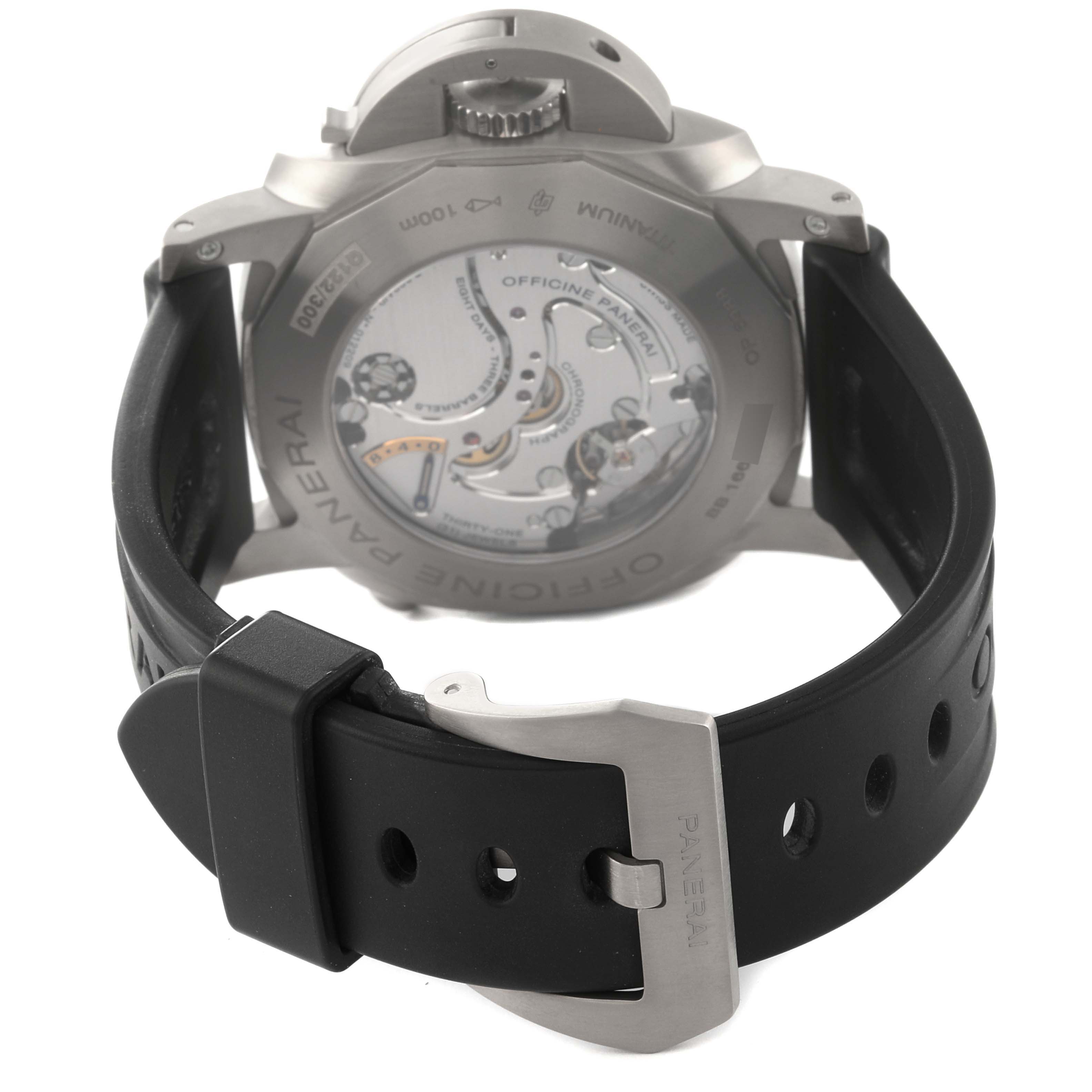 This image shows the back case and strap of a Panerai Luminor PAM00579 Men's Titanium Brown Dial PAM00579 Men's Titanium Brown Dial watch.