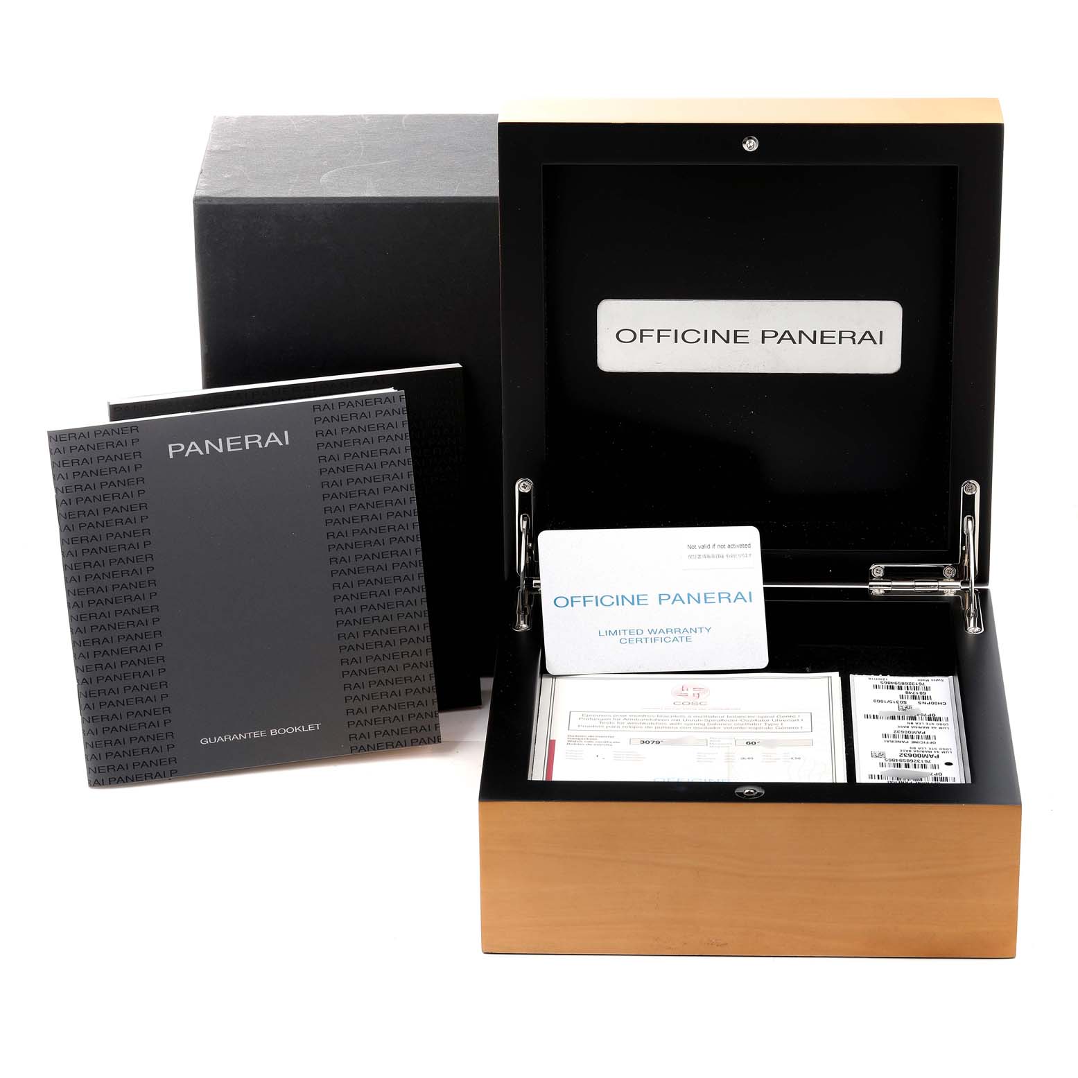 The image shows the box and documentation of a Panerai Luminor PAM00632 Men
s Stainless Steel Brown Dial PAM00632 Men
s Stainless Steel Brown Dial watch, including a warranty certificate and guarantee booklet.