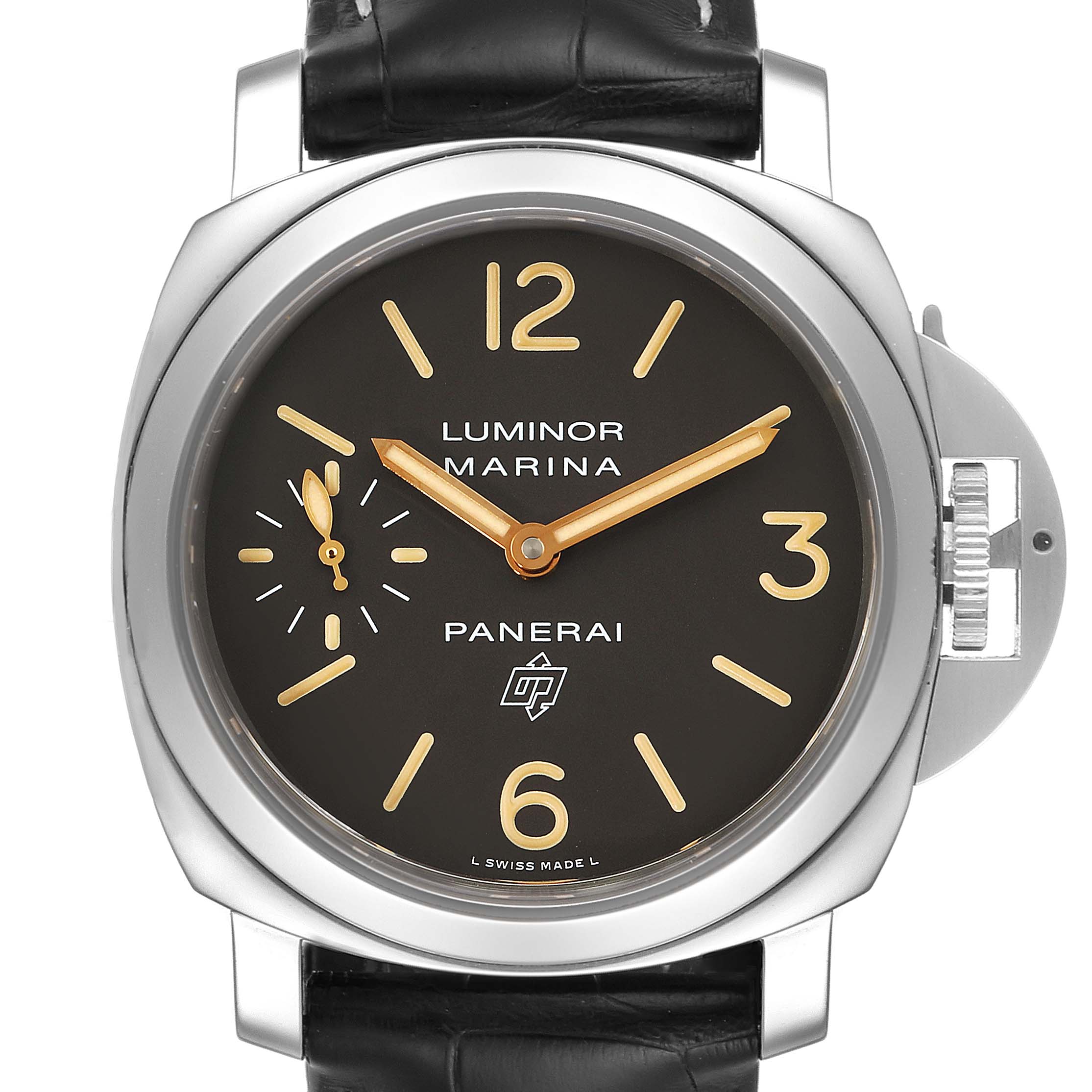 The image shows a front view of a Panerai Luminor PAM00632 Men
s Stainless Steel Brown Dial PAM00632 Men
s Stainless Steel Brown Dial Marina watch, displaying the dial and hands clearly.