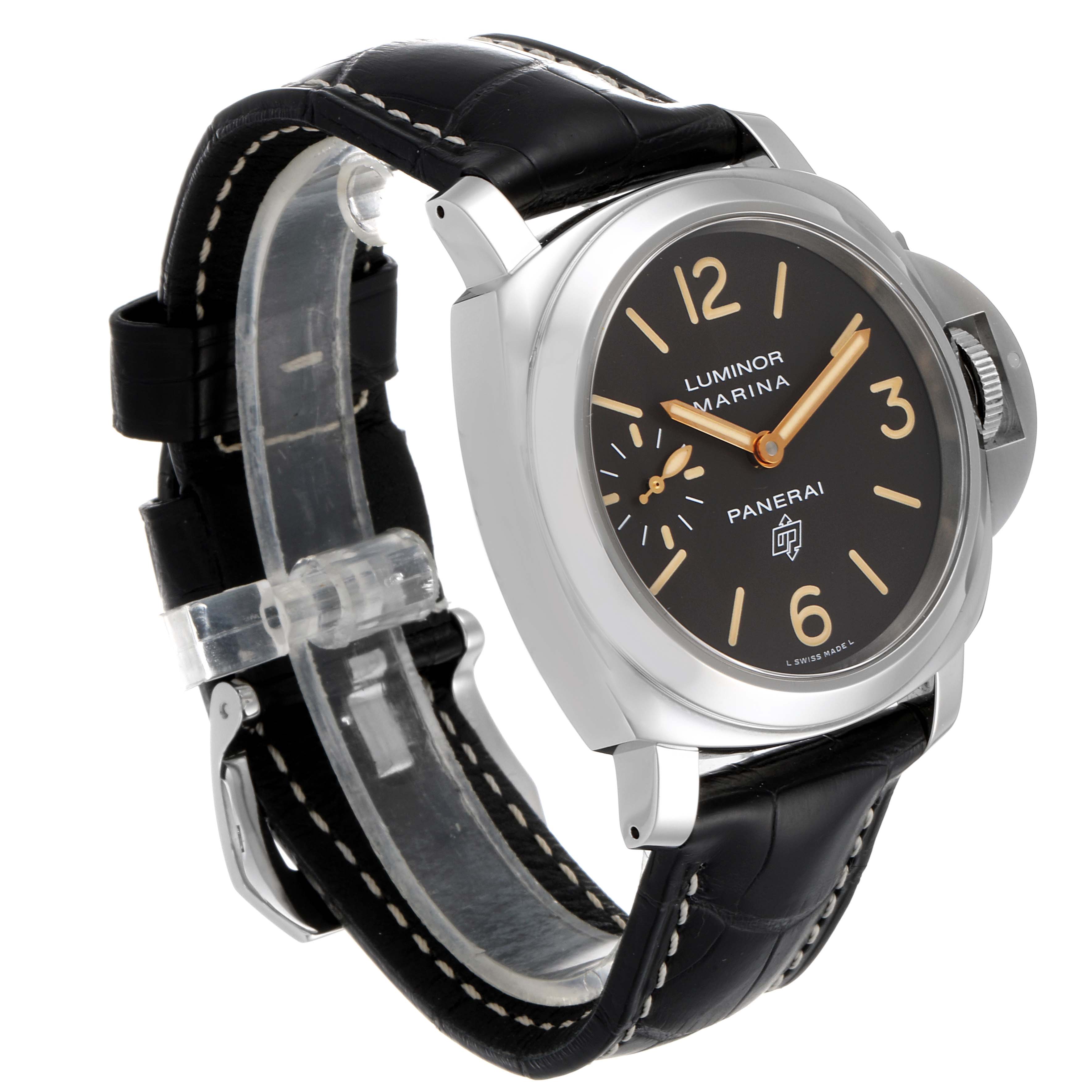 The image shows a Panerai Luminor PAM00632 Men
s Stainless Steel Brown Dial PAM00632 Men
s Stainless Steel Brown Dial watch at a three-quarter angle, highlighting the dial, case, and leather strap.