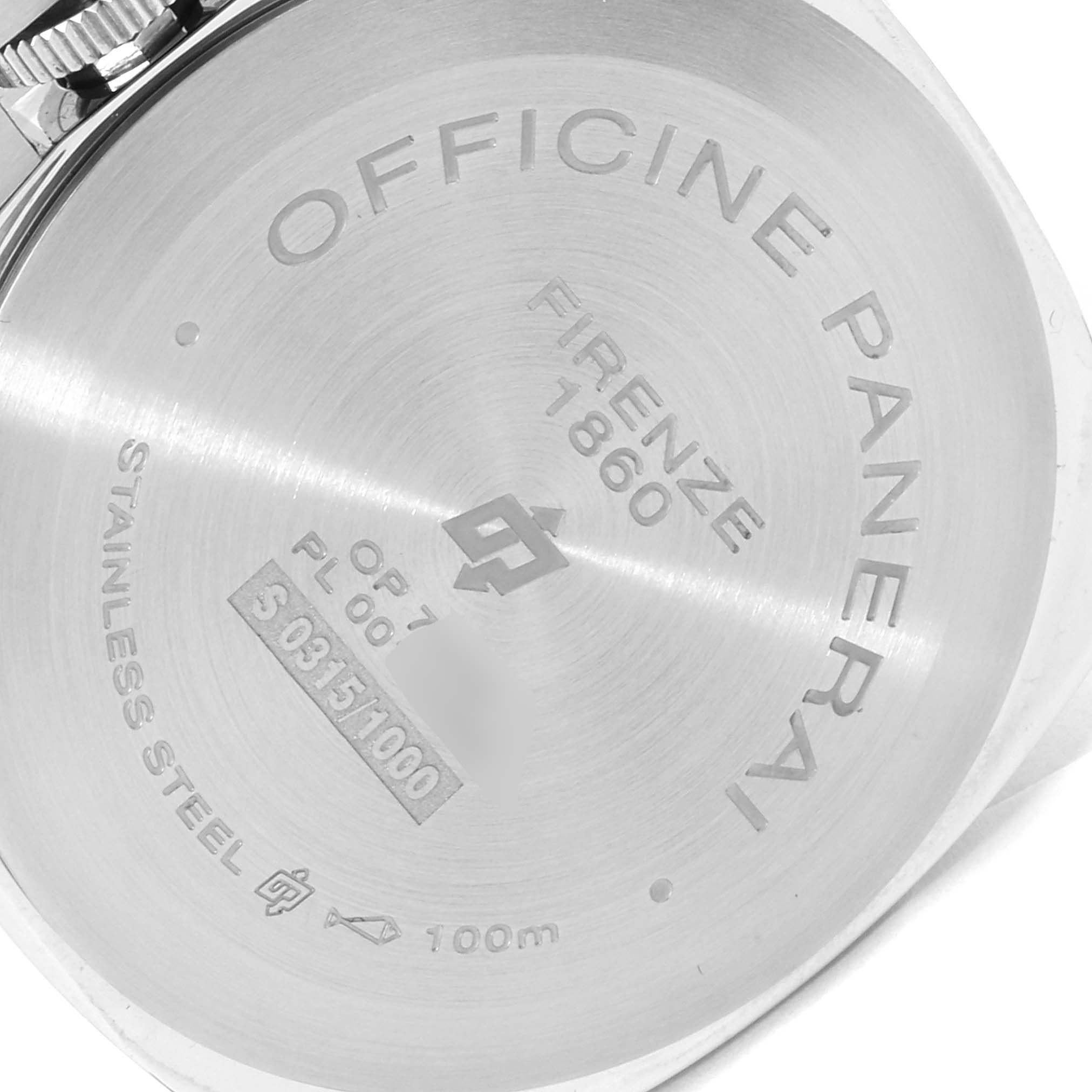 The image shows a close-up of the case back of a Panerai Luminor PAM00632 Men
s Stainless Steel Brown Dial PAM00632 Men
s Stainless Steel Brown Dial watch, displaying engraved details.