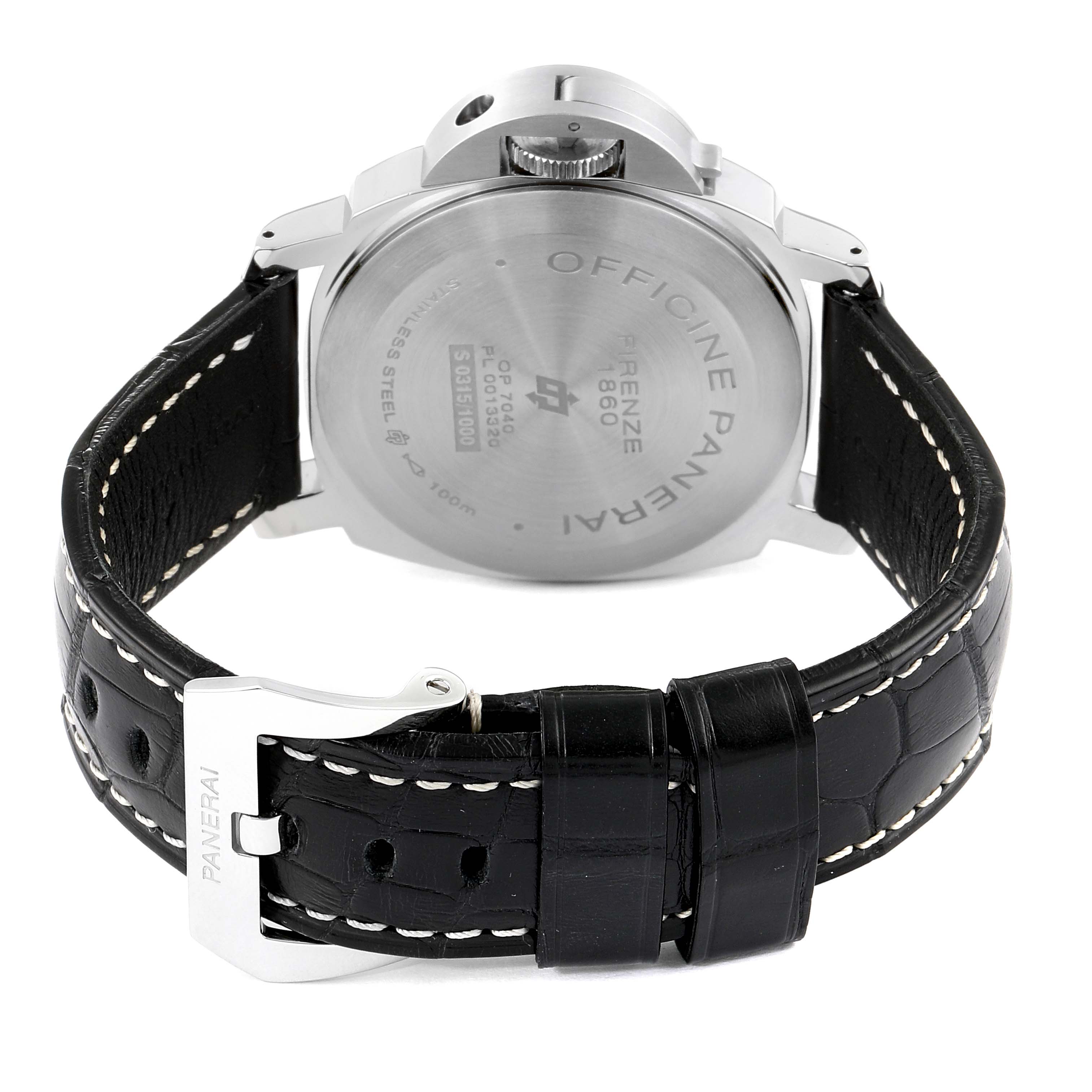 The image shows the back view of a Panerai Luminor PAM00632 Men
s Stainless Steel Brown Dial PAM00632 Men
s Stainless Steel Brown Dial watch, highlighting its case back and black leather strap with stitching.