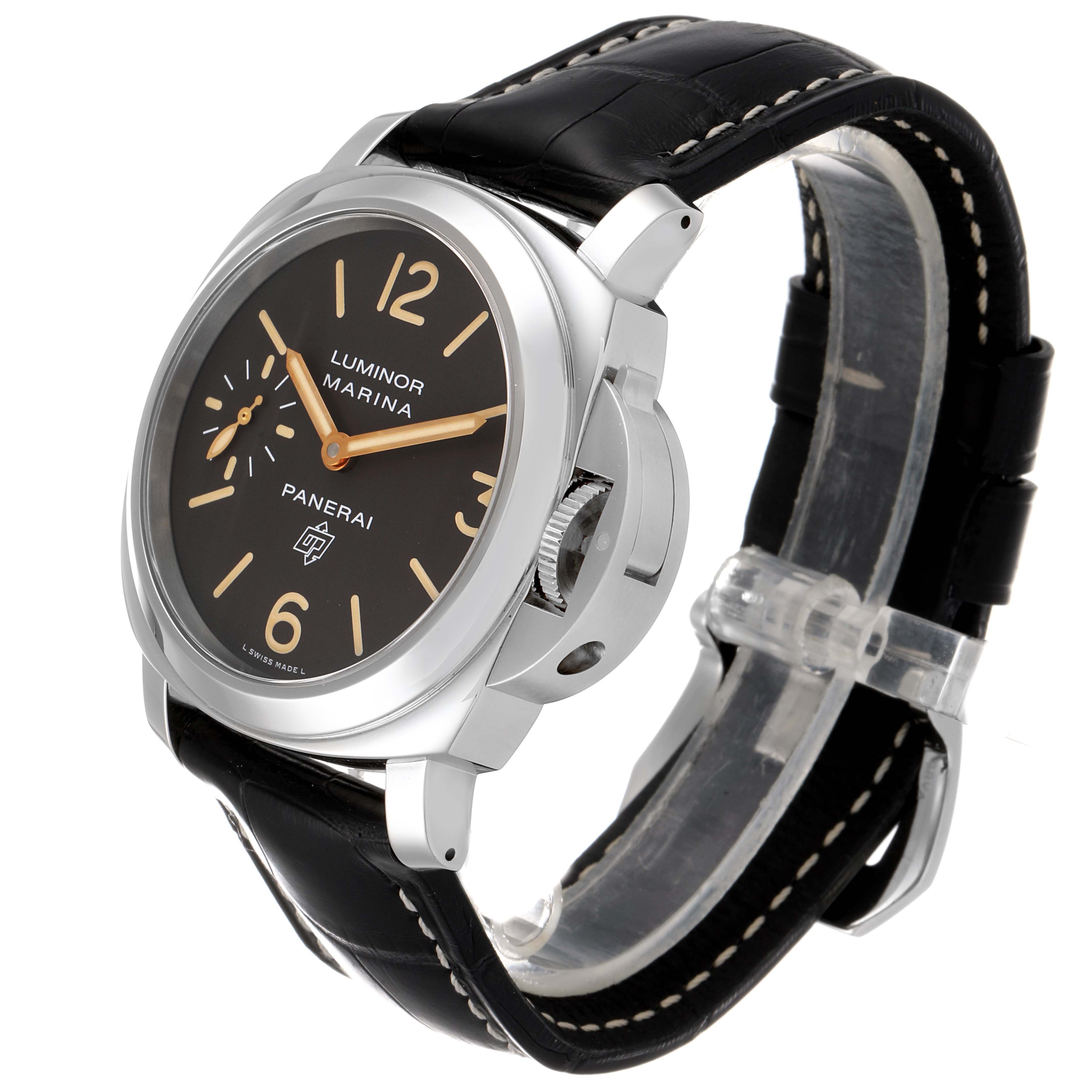 The image shows a side-angle view of a Panerai Luminor PAM00632 Men
s Stainless Steel Brown Dial PAM00632 Men
s Stainless Steel Brown Dial Marina watch, with a visible dial, crown guard, and leather strap.