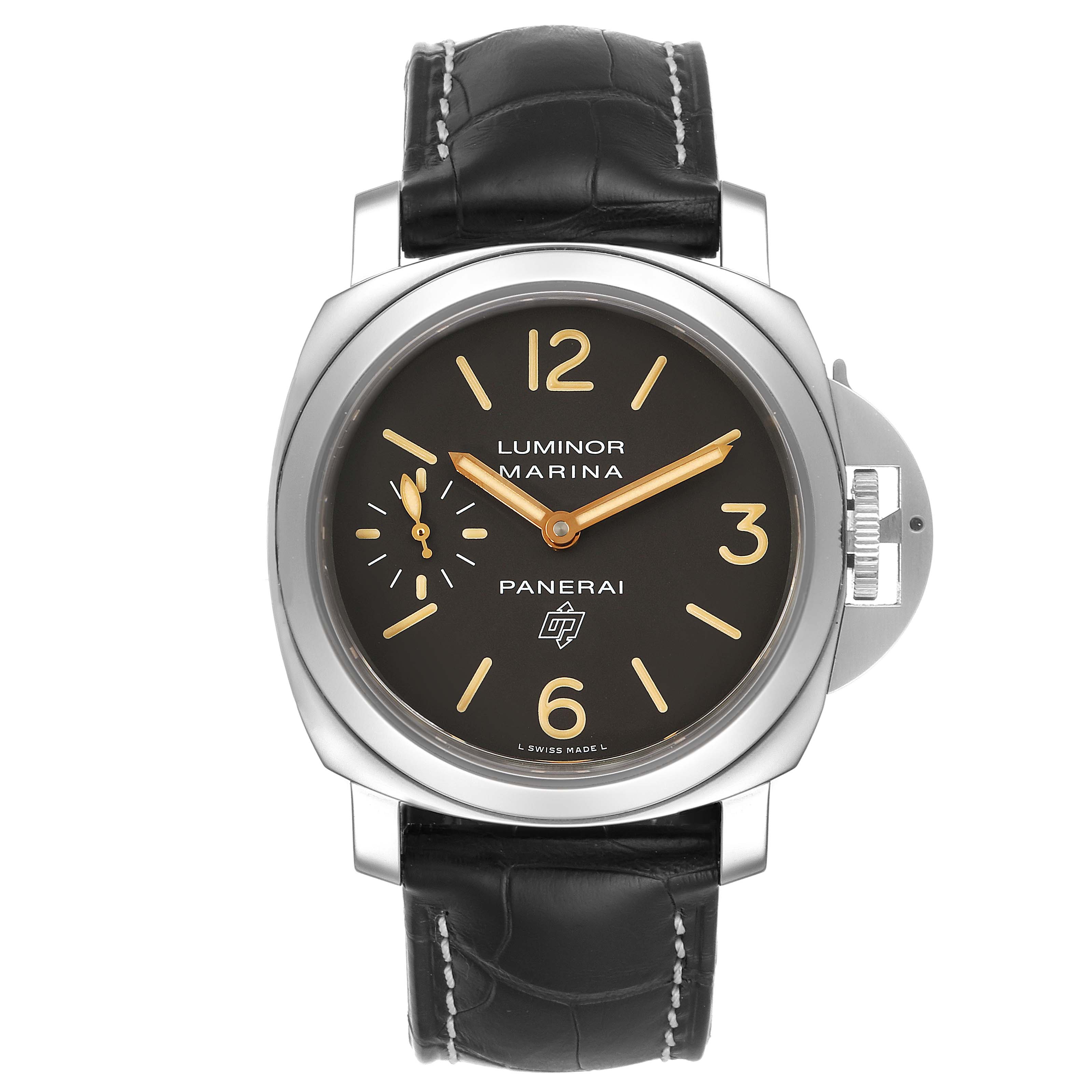 The image shows a front view of a Panerai Luminor PAM00632 Men
s Stainless Steel Brown Dial PAM00632 Men
s Stainless Steel Brown Dial watch, highlighting its dial, crown guard, and leather strap.