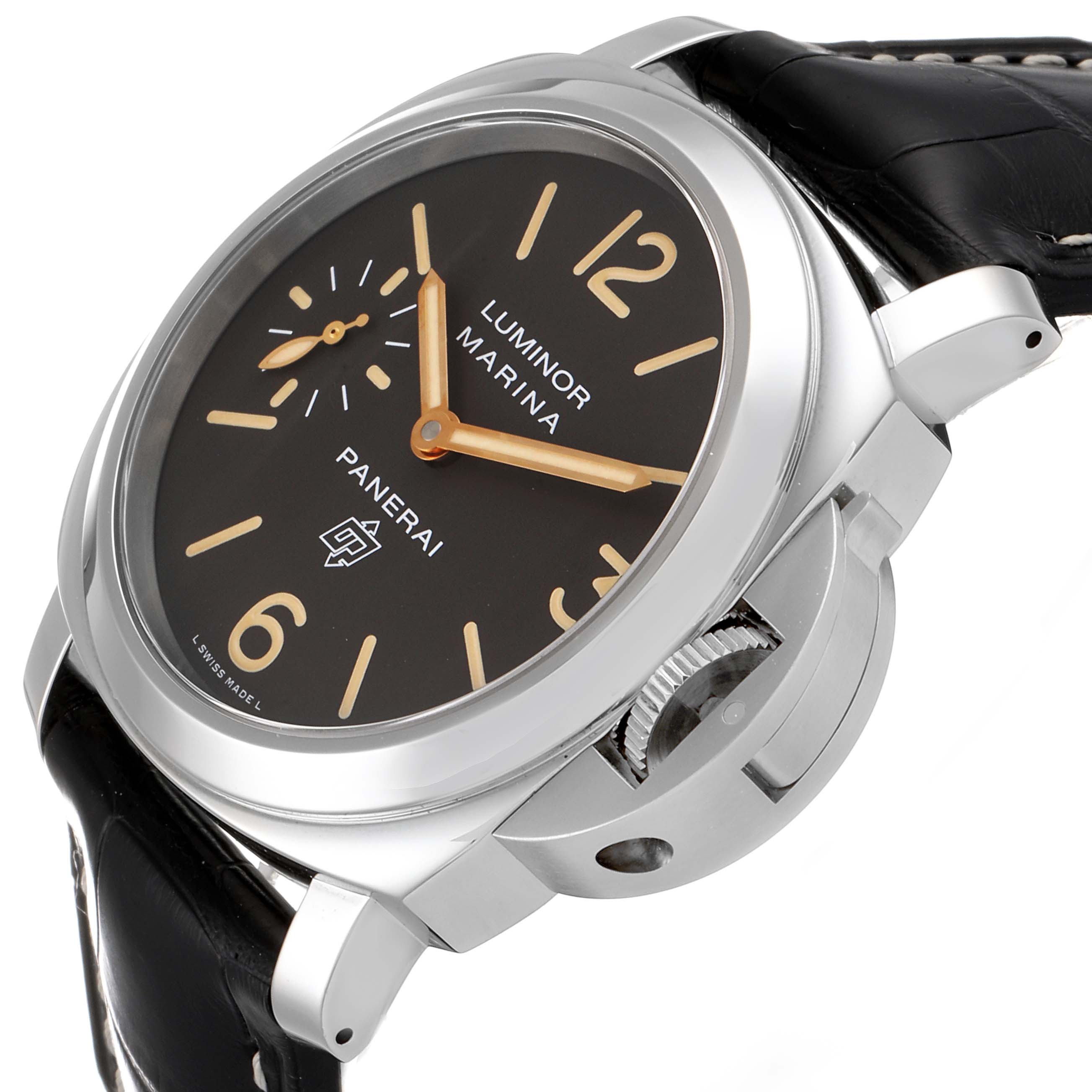 The image shows an angled side view of a Panerai Luminor PAM00632 Men
s Stainless Steel Brown Dial PAM00632 Men
s Stainless Steel Brown Dial Marina watch, highlighting the dial, crown guard, and black leather strap.