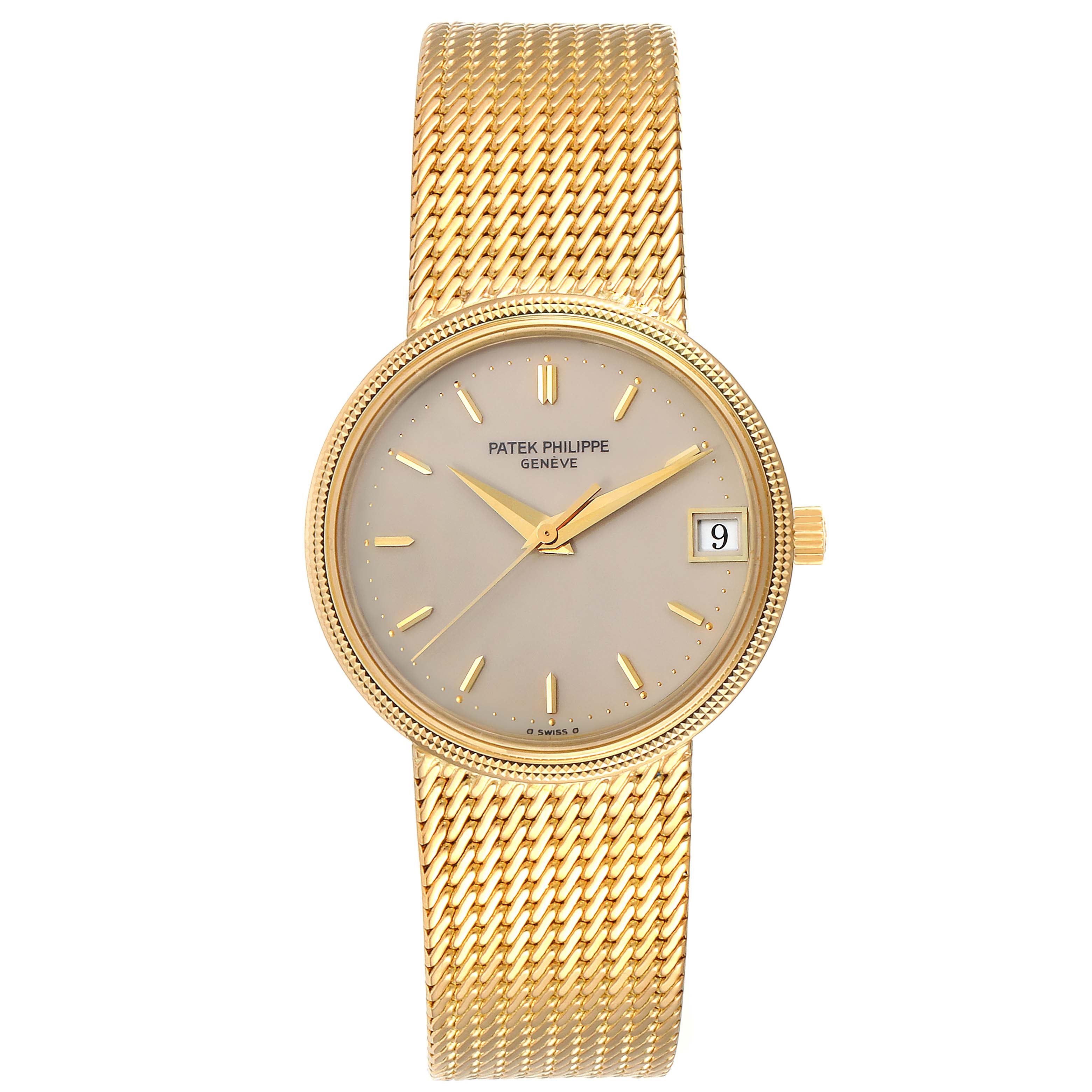 The image shows a front view of a Patek Philippe Calatrava 3802 Men's Yellow Gold Beige Dial 3802 Men's Yellow Gold Beige Dial watch, featuring its gold mesh band, dial, and date indicator.