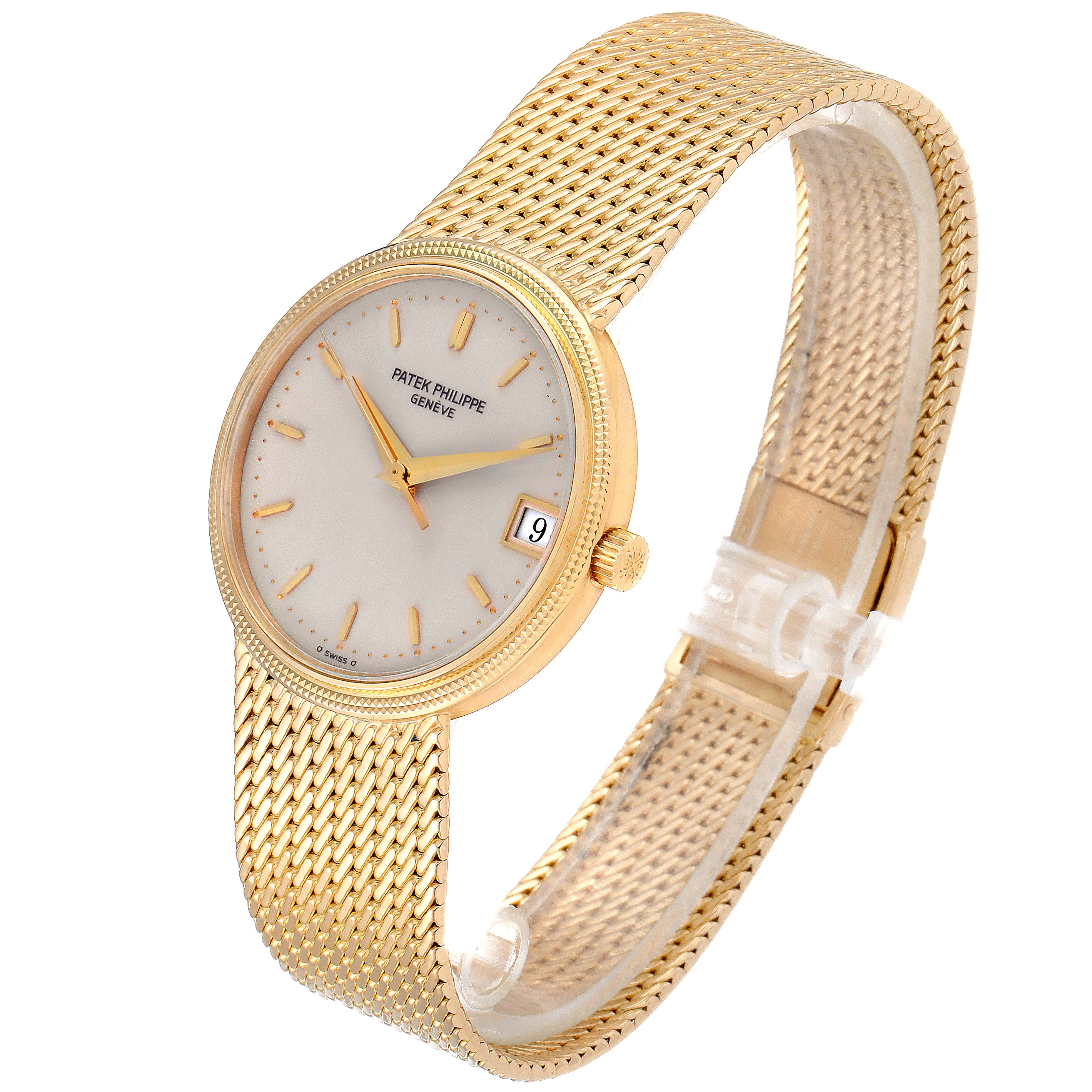 The image shows the Patek Philippe Calatrava 3802 Men's Yellow Gold Beige Dial 3802 Men's Yellow Gold Beige Dial watch at a three-quarter angle, highlighting the gold mesh band and white dial with gold markers.