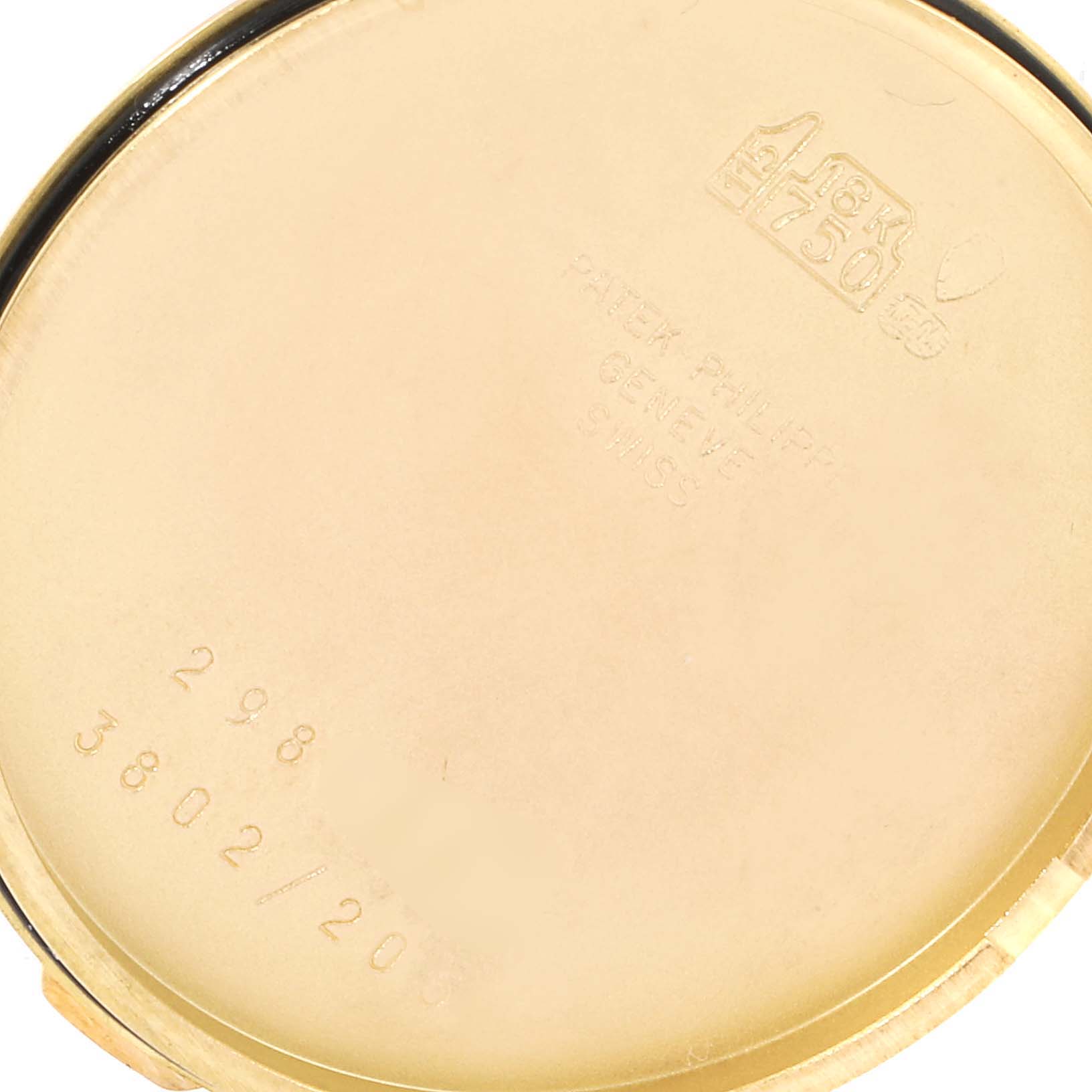 The image shows the case back of a Patek Philippe Calatrava 3802 Men's Yellow Gold Beige Dial 3802 Men's Yellow Gold Beige Dial model, primarily the inside engraving and materials details.