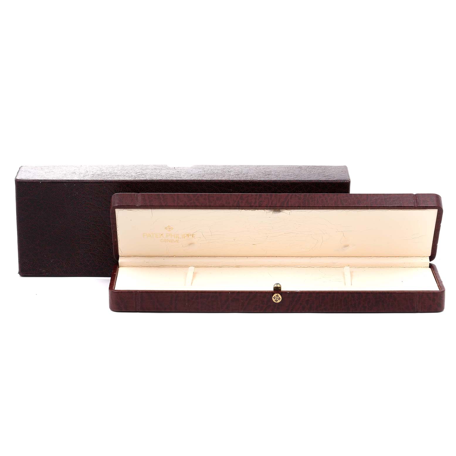 This image shows an open watch box for the Patek Philippe Calatrava 3802 Men's Yellow Gold Beige Dial 3802 Men's Yellow Gold Beige Dial model, displaying its interior and exterior.