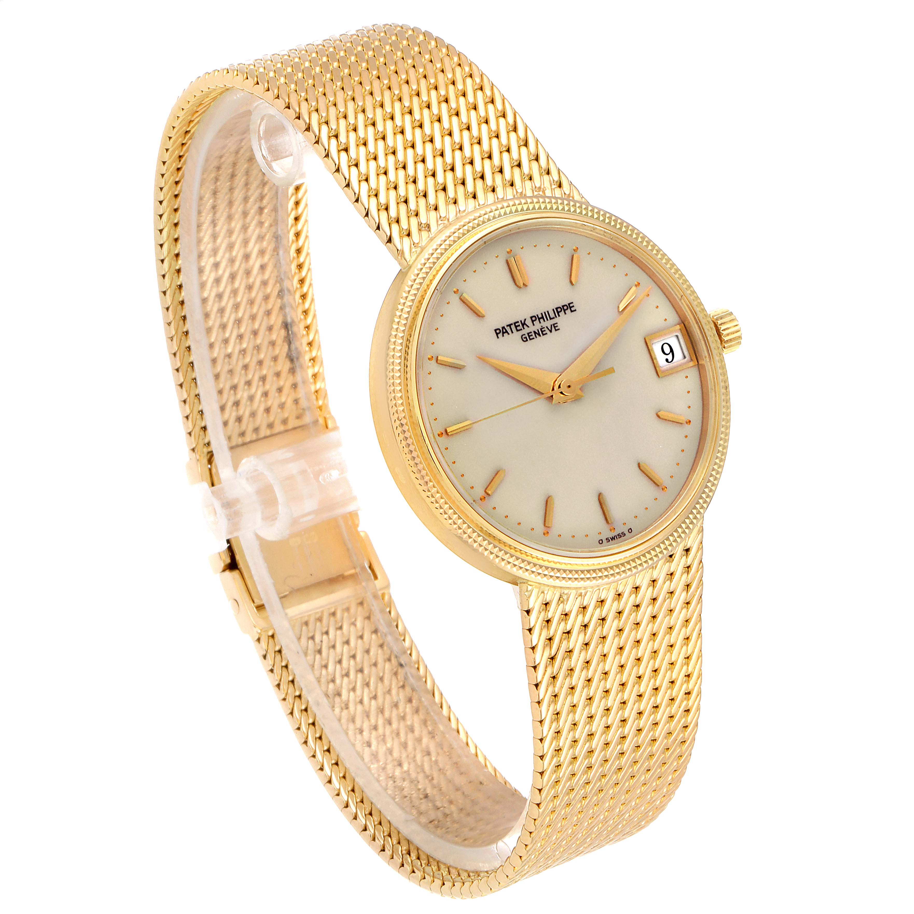 The image shows a Patek Philippe Calatrava 3802 Men's Yellow Gold Beige Dial 3802 Men's Yellow Gold Beige Dial watch at a slight angle, highlighting the watch face, gold mesh strap, and date window.
