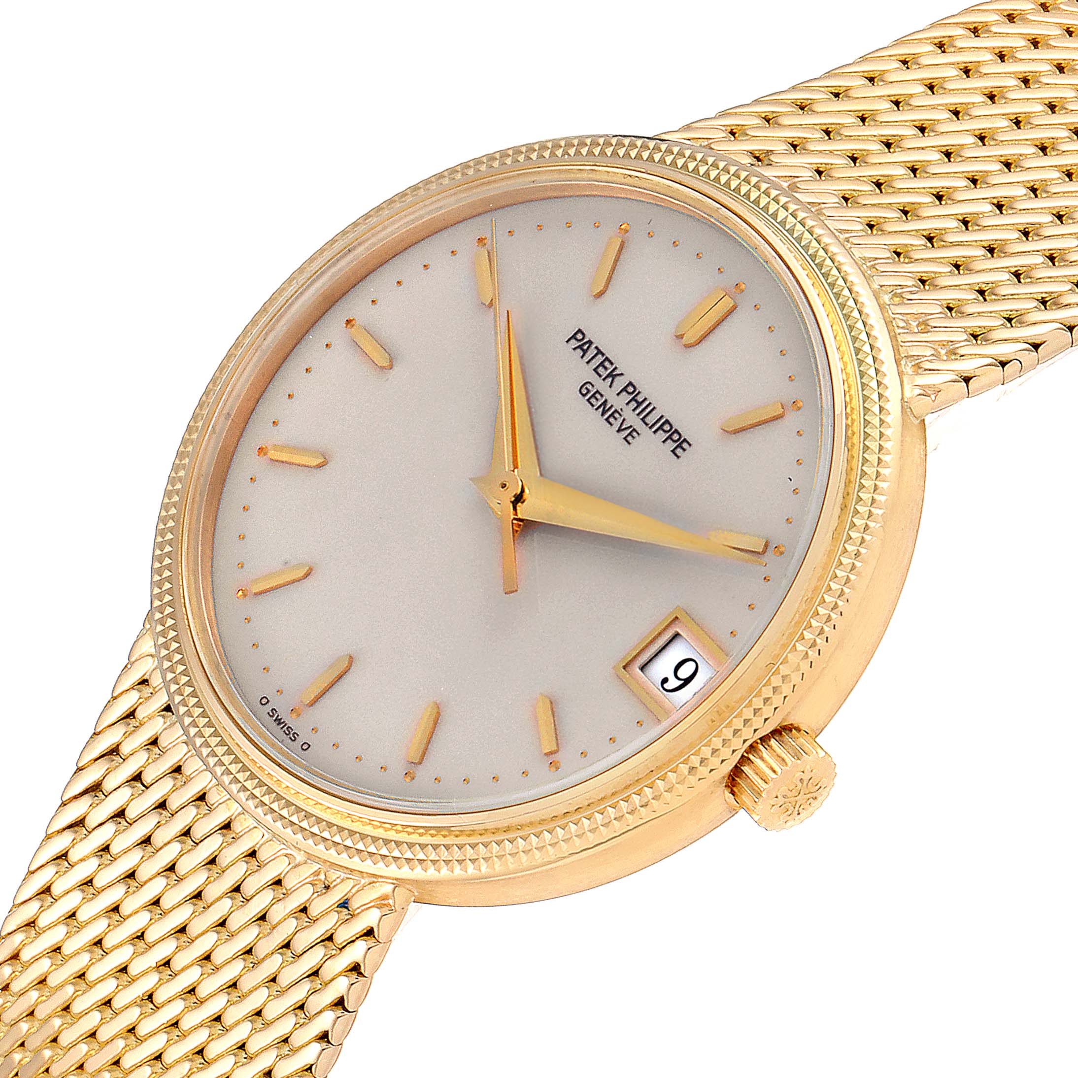 The image shows a Patek Philippe Calatrava 3802 Men's Yellow Gold Beige Dial 3802 Men's Yellow Gold Beige Dial watch from an angled view, displaying the dial, hands, date window, and part of the gold bracelet.