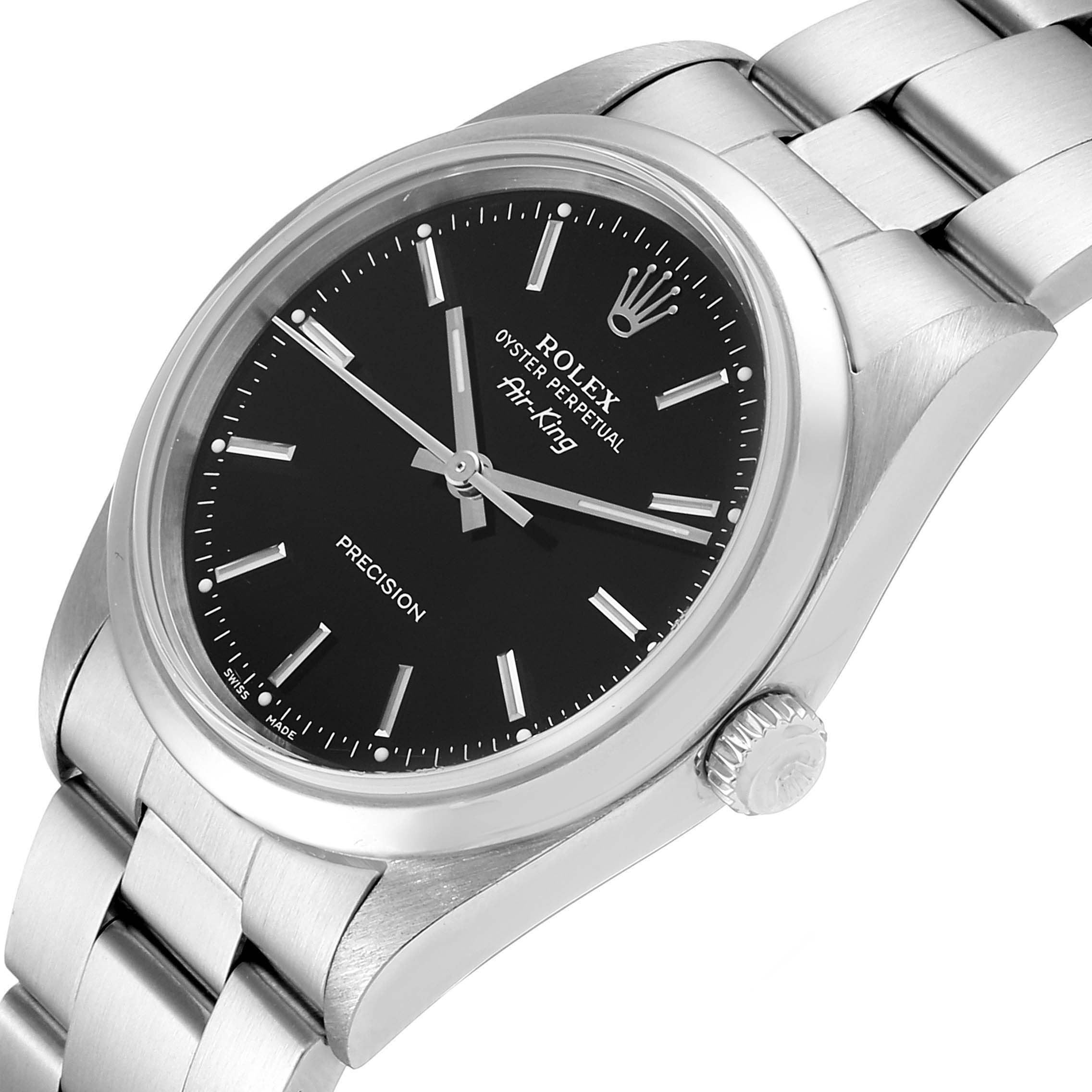 This image shows a Rolex Air-King 14000 Men's Stainless Steel Black Dial 14000 Men's Stainless Steel Black Dial watch at an angled view, highlighting the black dial, silver markers, case, and bracelet.