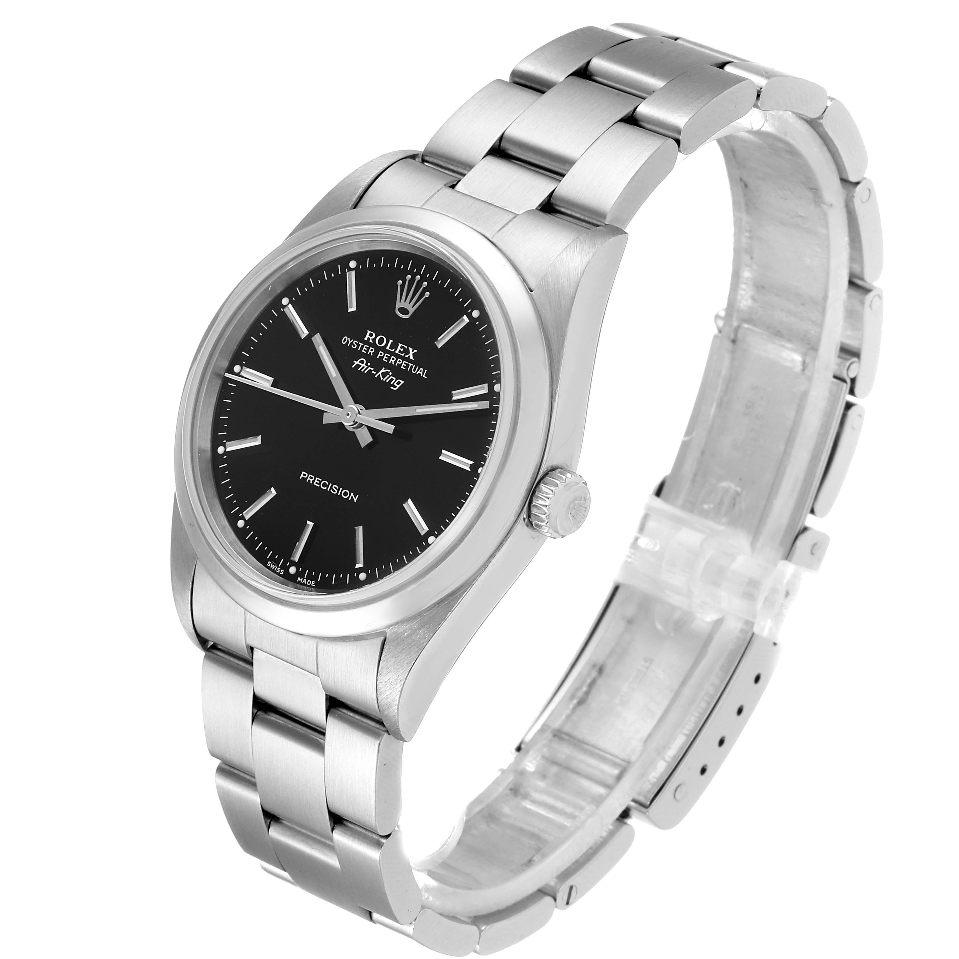 This image shows a Rolex Air-King 14000 Men's Stainless Steel Black Dial 14000 Men's Stainless Steel Black Dial watch from a three-quarter angle, highlighting the black dial, case, crown, and bracelet.
