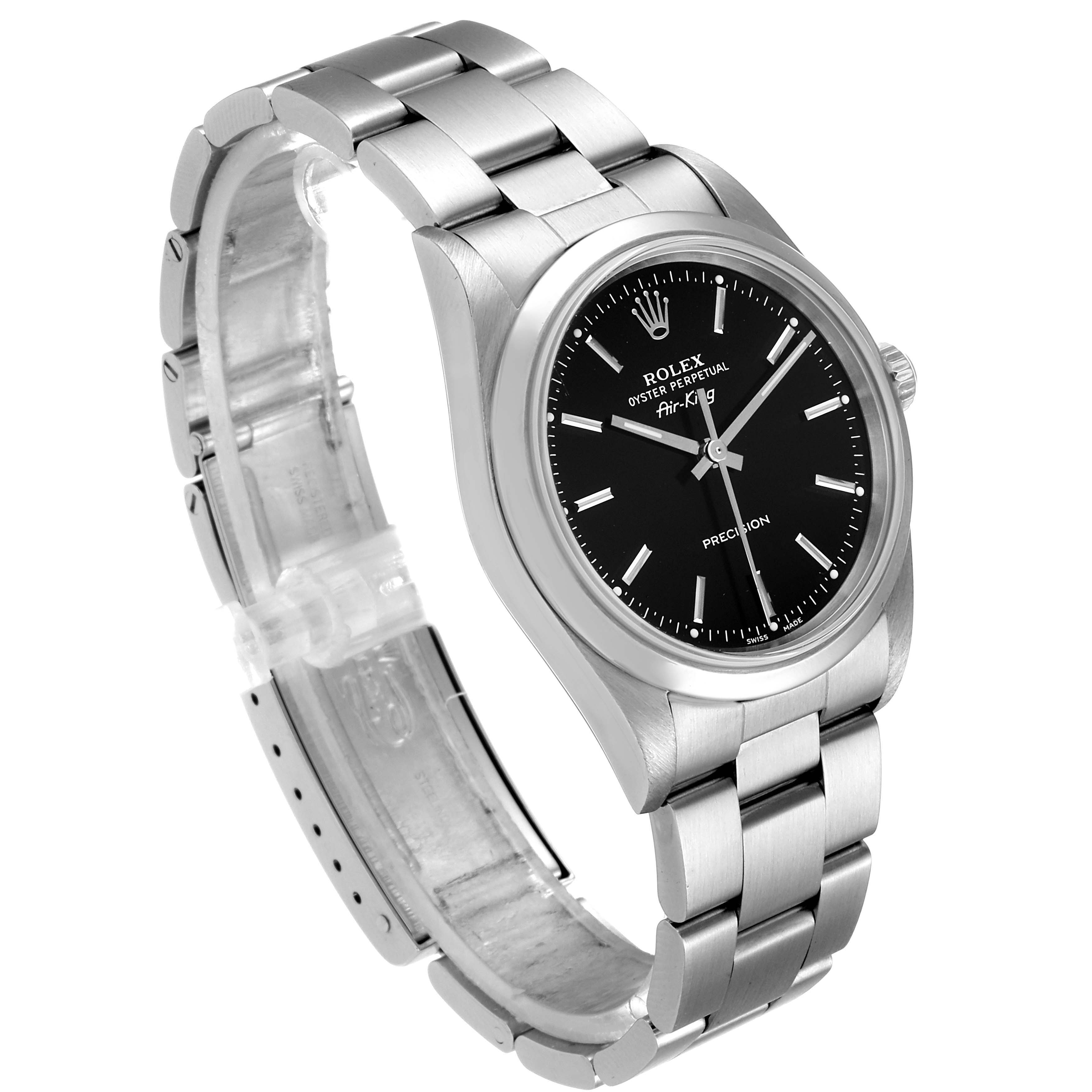The Rolex Air-King 14000 Men's Stainless Steel Black Dial 14000 Men's Stainless Steel Black Dial watch is shown at a three-quarter angle, highlighting its black dial, stainless steel case, and bracelet.