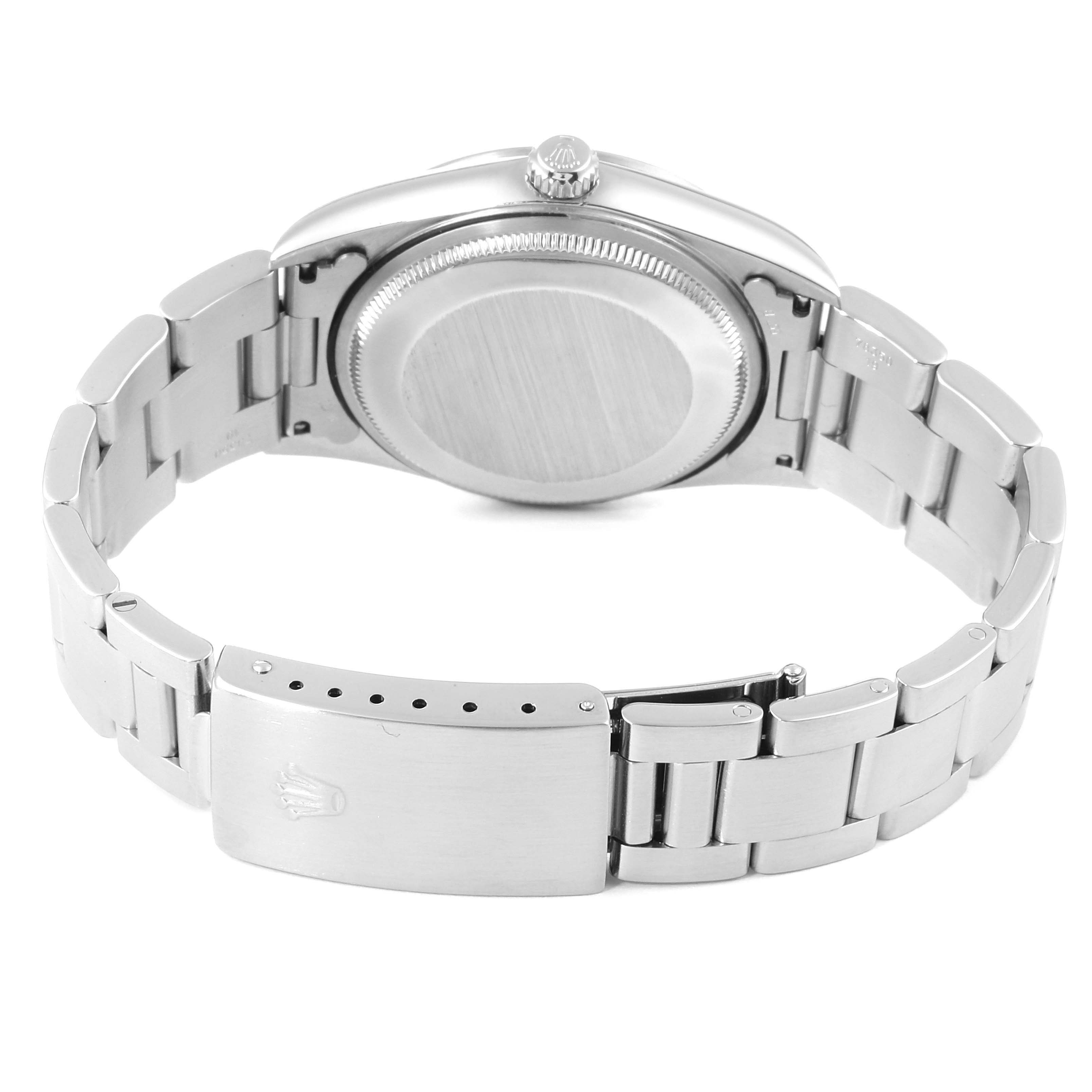 The image shows the back case and bracelet of a Rolex Air-King 14000 Men's Stainless Steel Black Dial 14000 Men's Stainless Steel Black Dial watch from a rear-view angle.