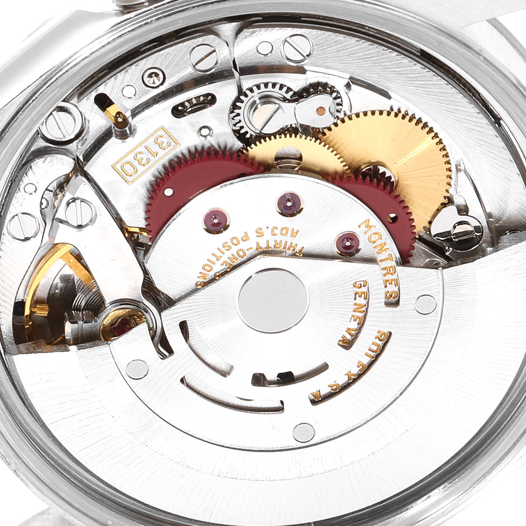 This close-up shot shows the intricate internal mechanism of the Rolex Air-King 14000 Men's Stainless Steel Black Dial 14000 Men's Stainless Steel Black Dial watch, including the gears and rotor.