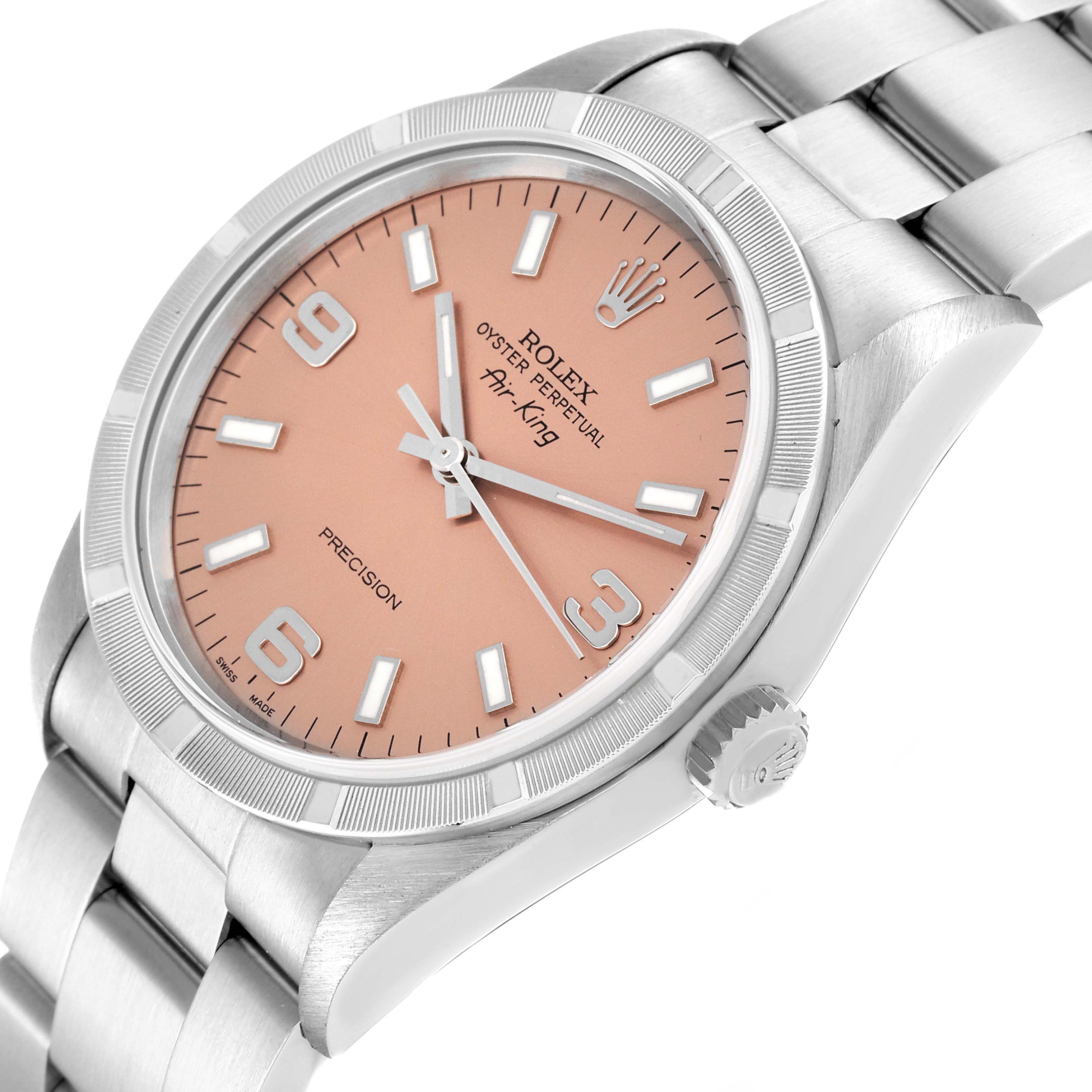 The image shows a side angle view of a Rolex Air-King 14010 Men's Stainless Steel Pink Dial 14010 Men's Stainless Steel Pink Dial watch, highlighting the face, bezel, bracelet, and crown.