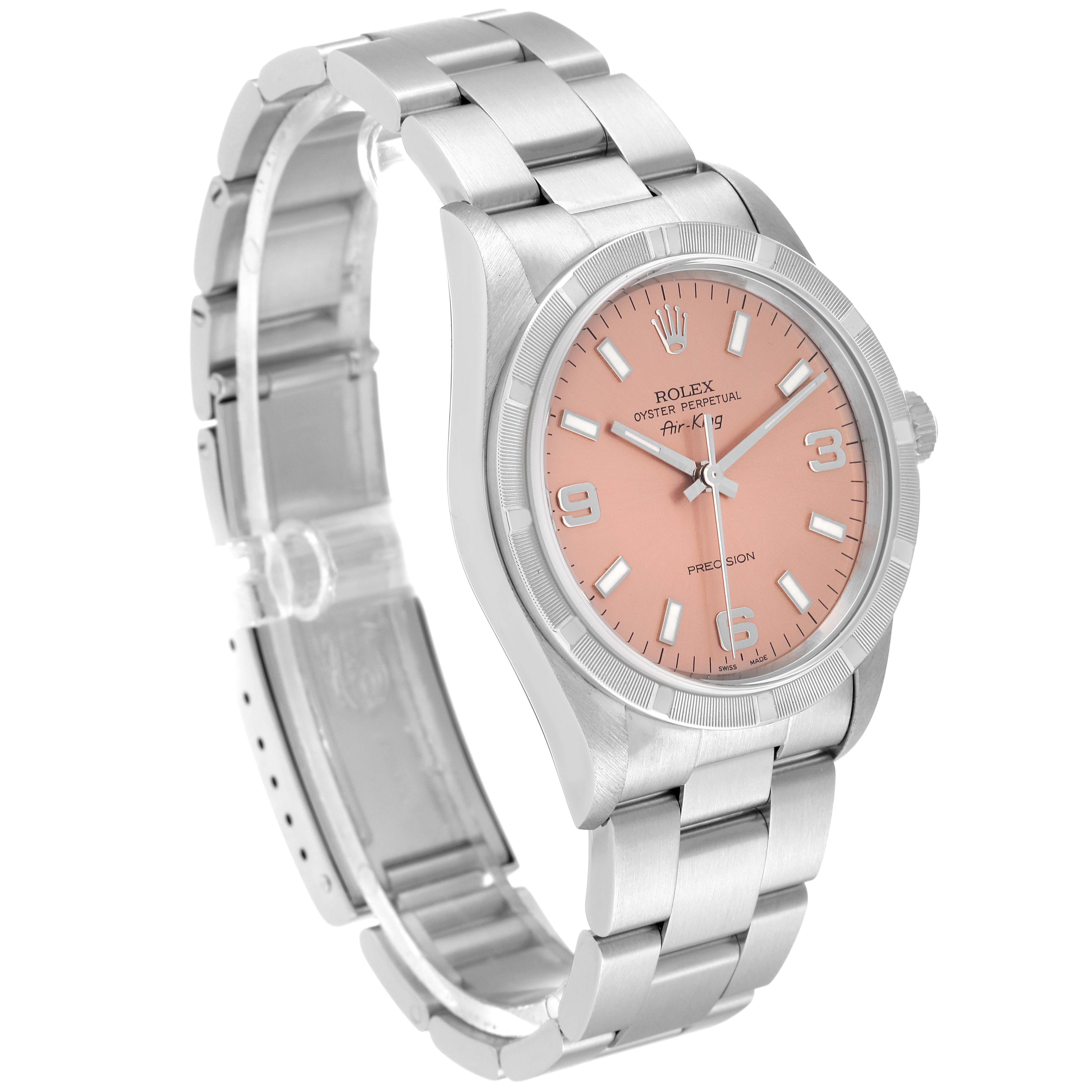 The Rolex Air-King 14010 Men's Stainless Steel Pink Dial 14010 Men's Stainless Steel Pink Dial watch is shown at a three-quarter angle, displaying the face, bezel, bracelet, and crown.