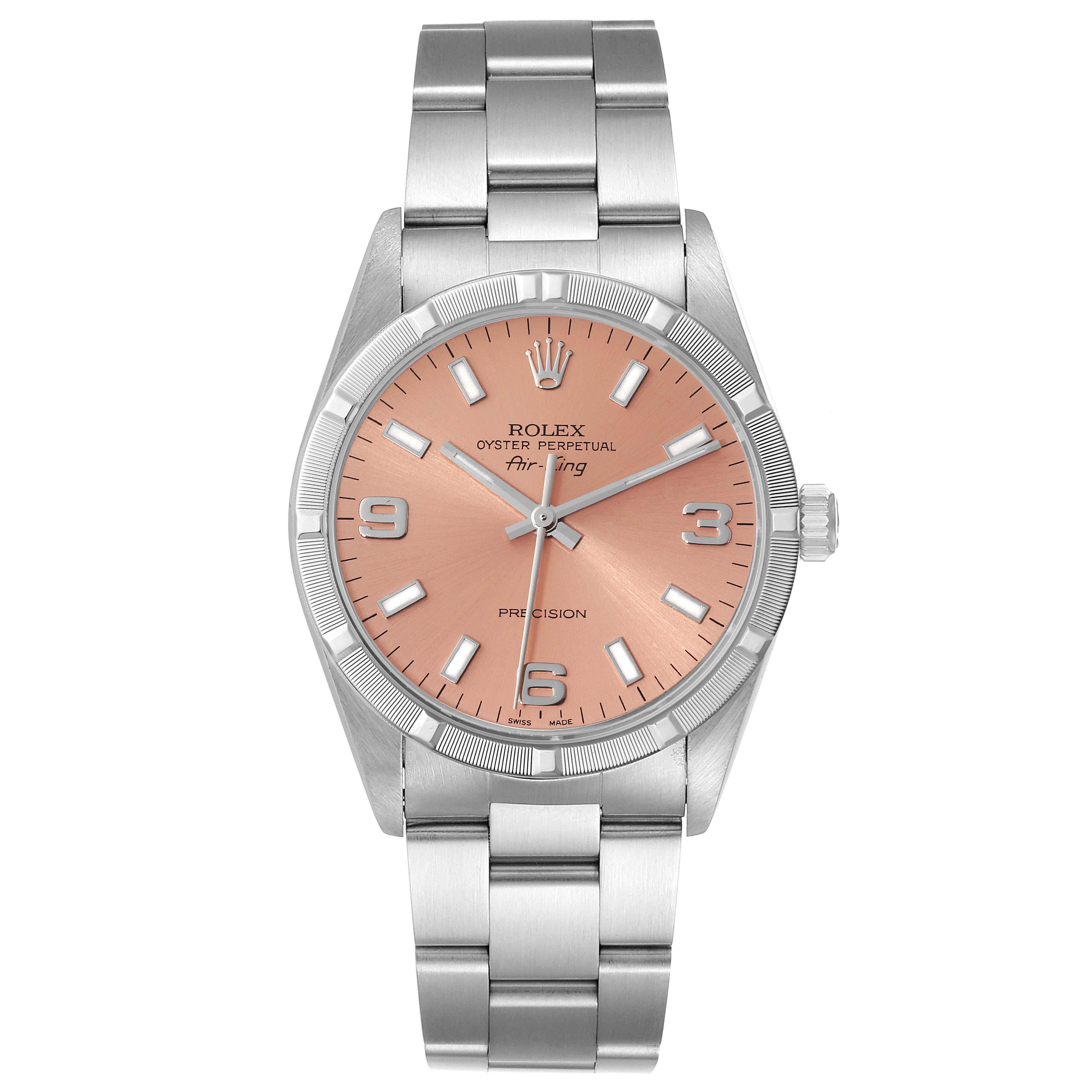 The image shows a Rolex Air-King 14010 Men's Stainless Steel Pink Dial 14010 Men's Stainless Steel Pink Dial watch from a front angle, highlighting the dial, bezel, and bracelet.