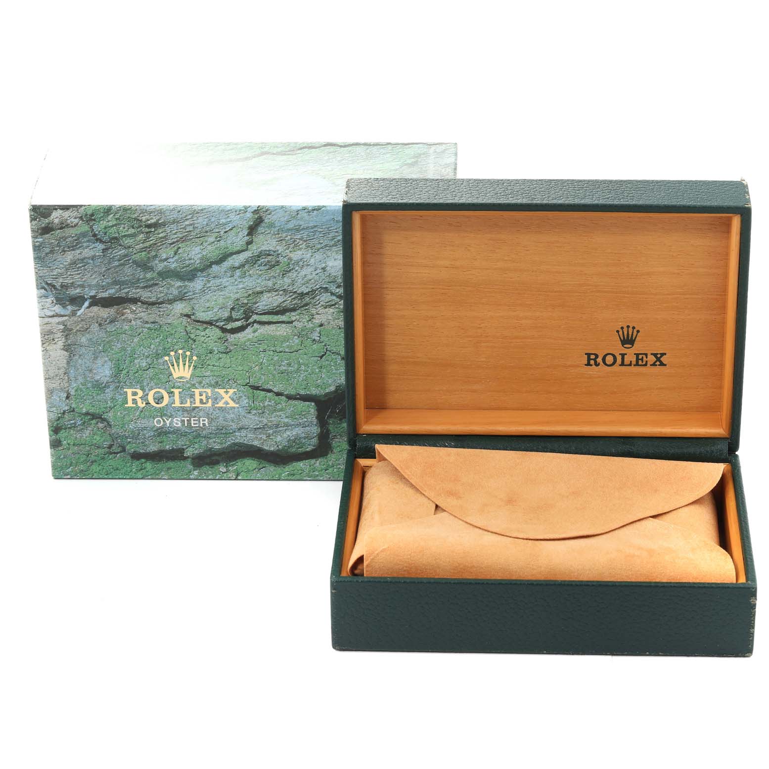 The image shows the packaging for a Rolex Air-King 14010 Men's Stainless Steel Pink Dial 14010 Men's Stainless Steel Pink Dial, featuring a green outer box and an open wooden inner box with a watch pouch inside.