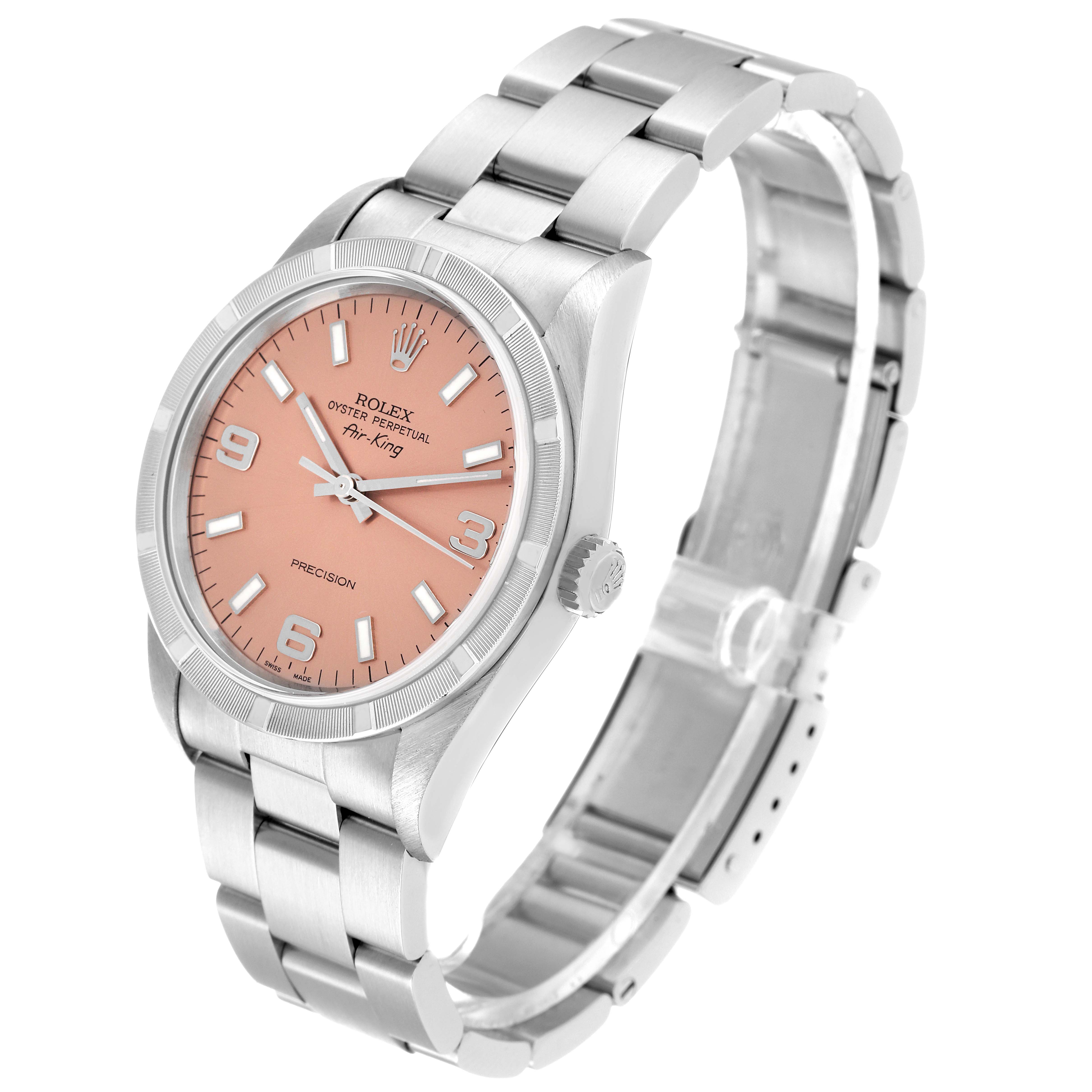 This image shows a Rolex Air-King 14010 Men's Stainless Steel Pink Dial 14010 Men's Stainless Steel Pink Dial watch at a three-quarter angle, displaying its face, bezel, crown, and bracelet.