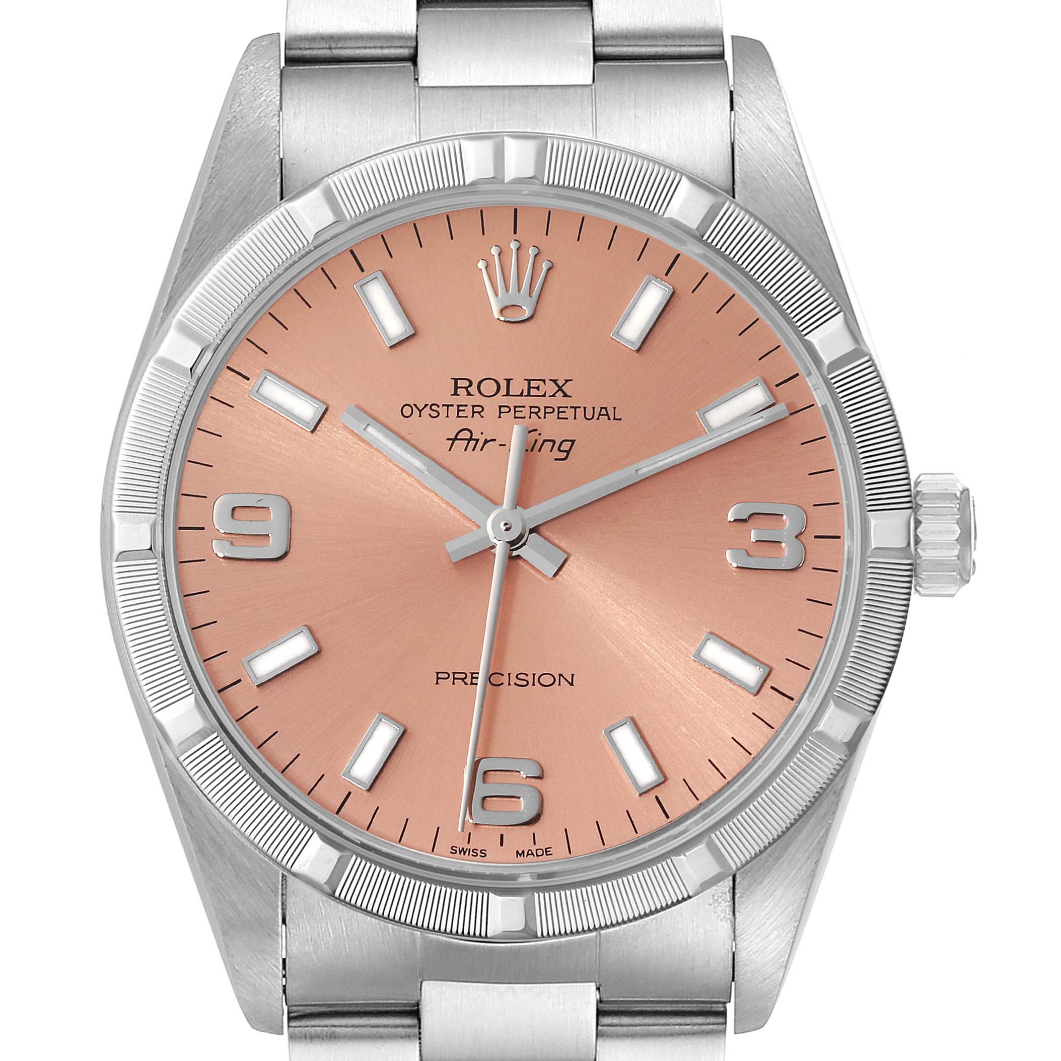 The image shows a close-up of the Rolex Air-King 14010 Men's Stainless Steel Pink Dial 14010 Men's Stainless Steel Pink Dial watch face, bezel, and part of the bracelet.