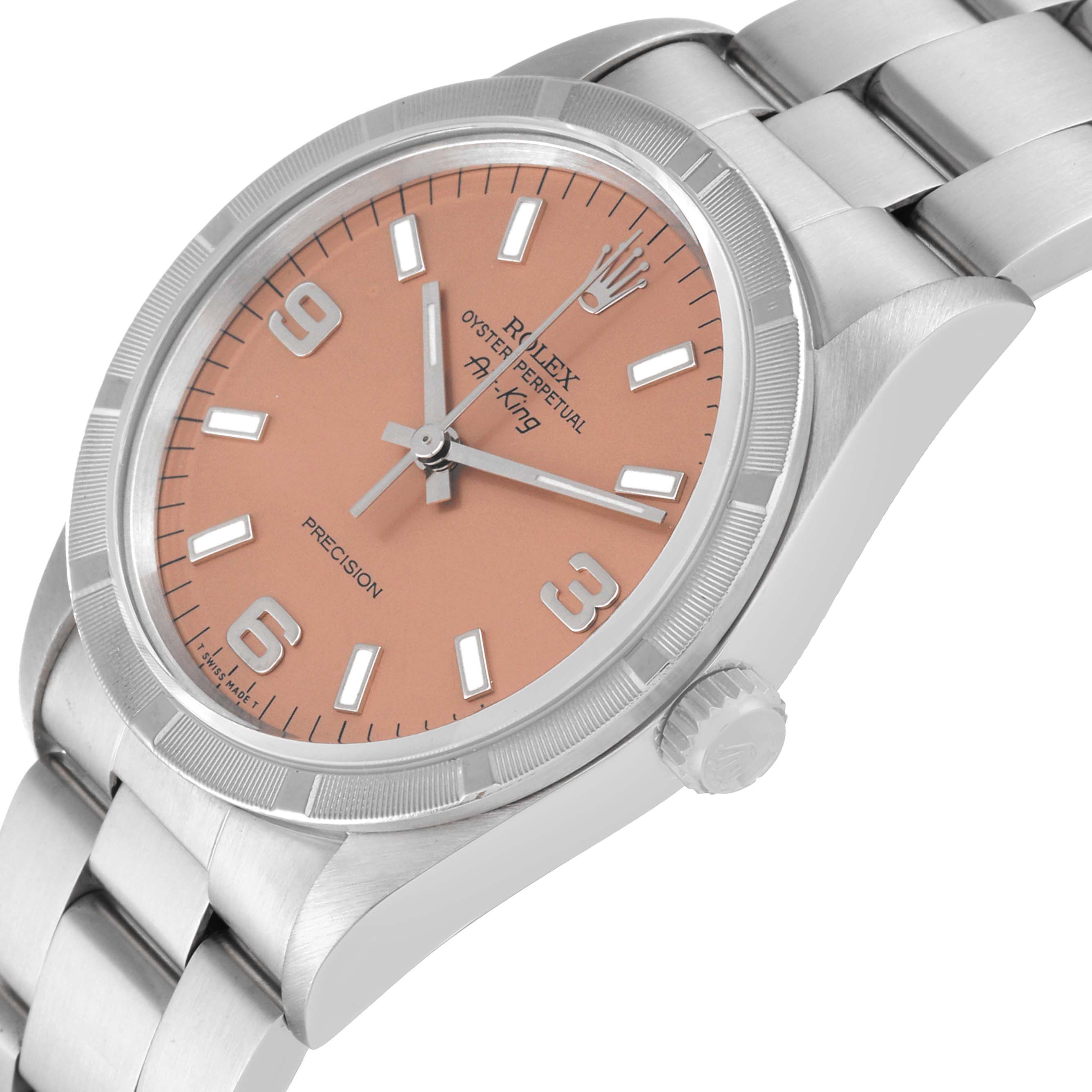 The image shows a Rolex Air-King 14010 Men's Stainless Steel Pink Dial 14010 Men's Stainless Steel Pink Dial watch at a slight angle, highlighting the pink dial, crown, and stainless steel bracelet.