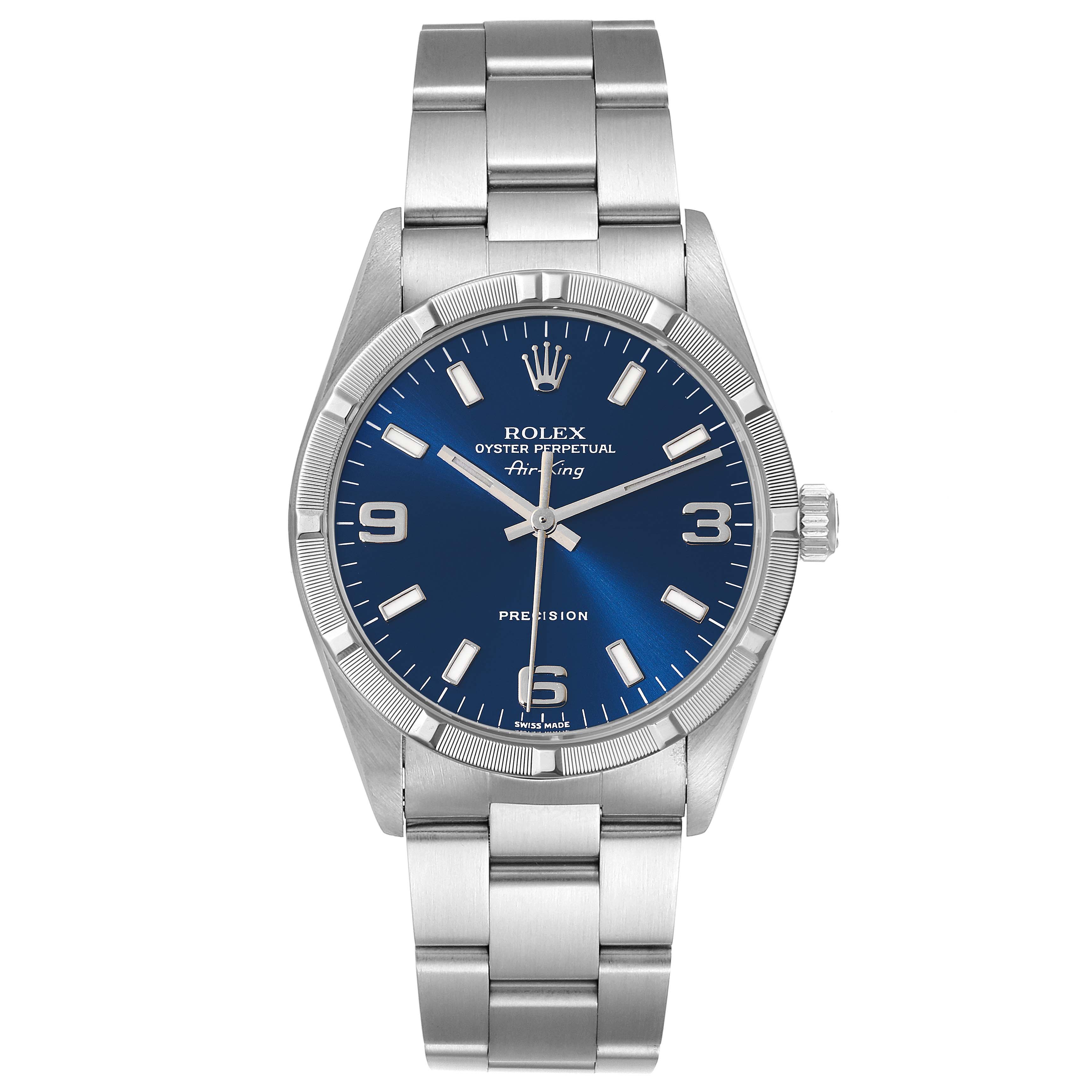 The image shows a front view of the Rolex Air-King 14010 Men's Stainless Steel Blue Dial 14010 Men's Stainless Steel Blue Dial watch, highlighting its blue dial and silver metal bracelet.