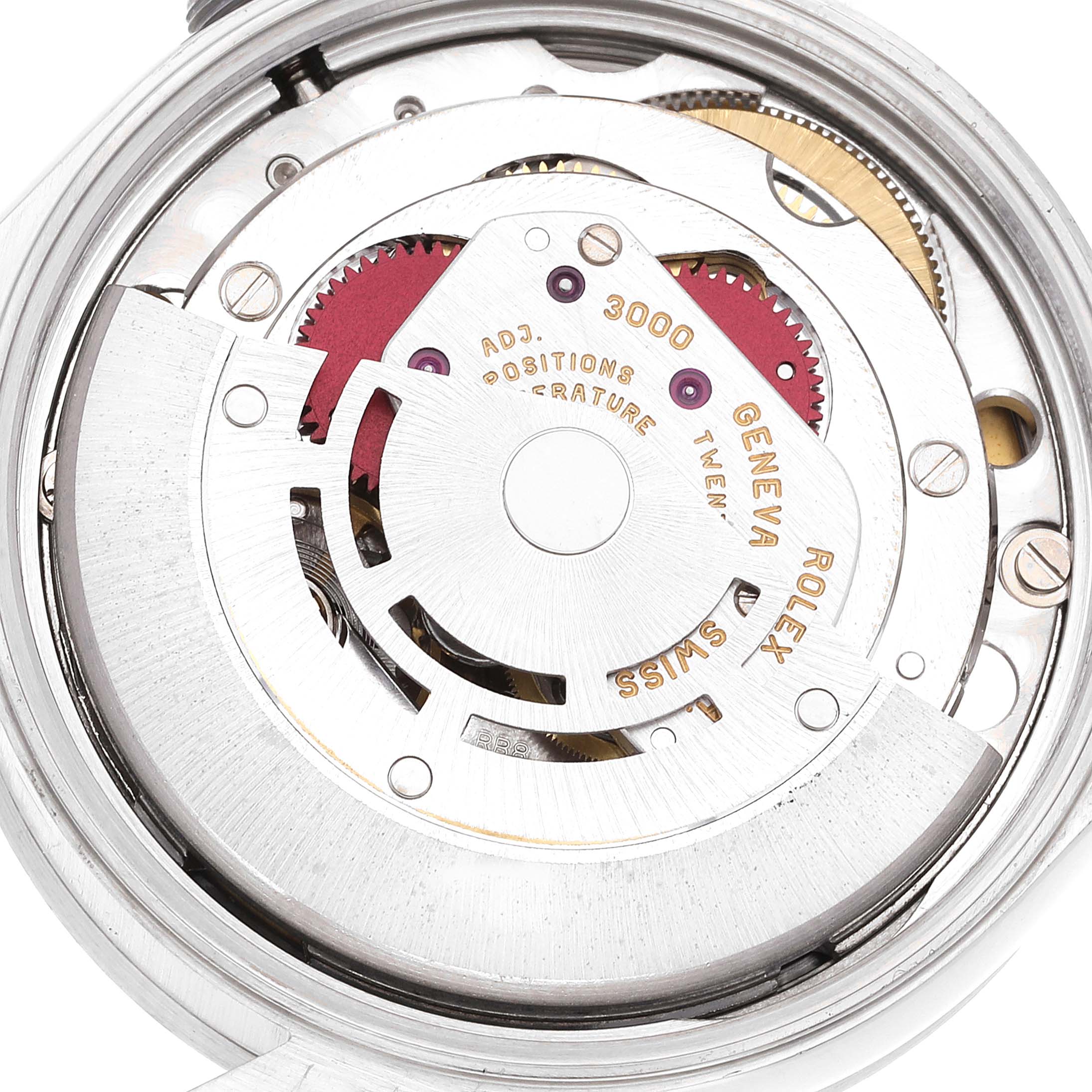 This image shows an internal view of the Rolex Air-King 14010 Men's Stainless Steel Blue Dial 14010 Men's Stainless Steel Blue Dial watch, highlighting its intricate movement mechanism.