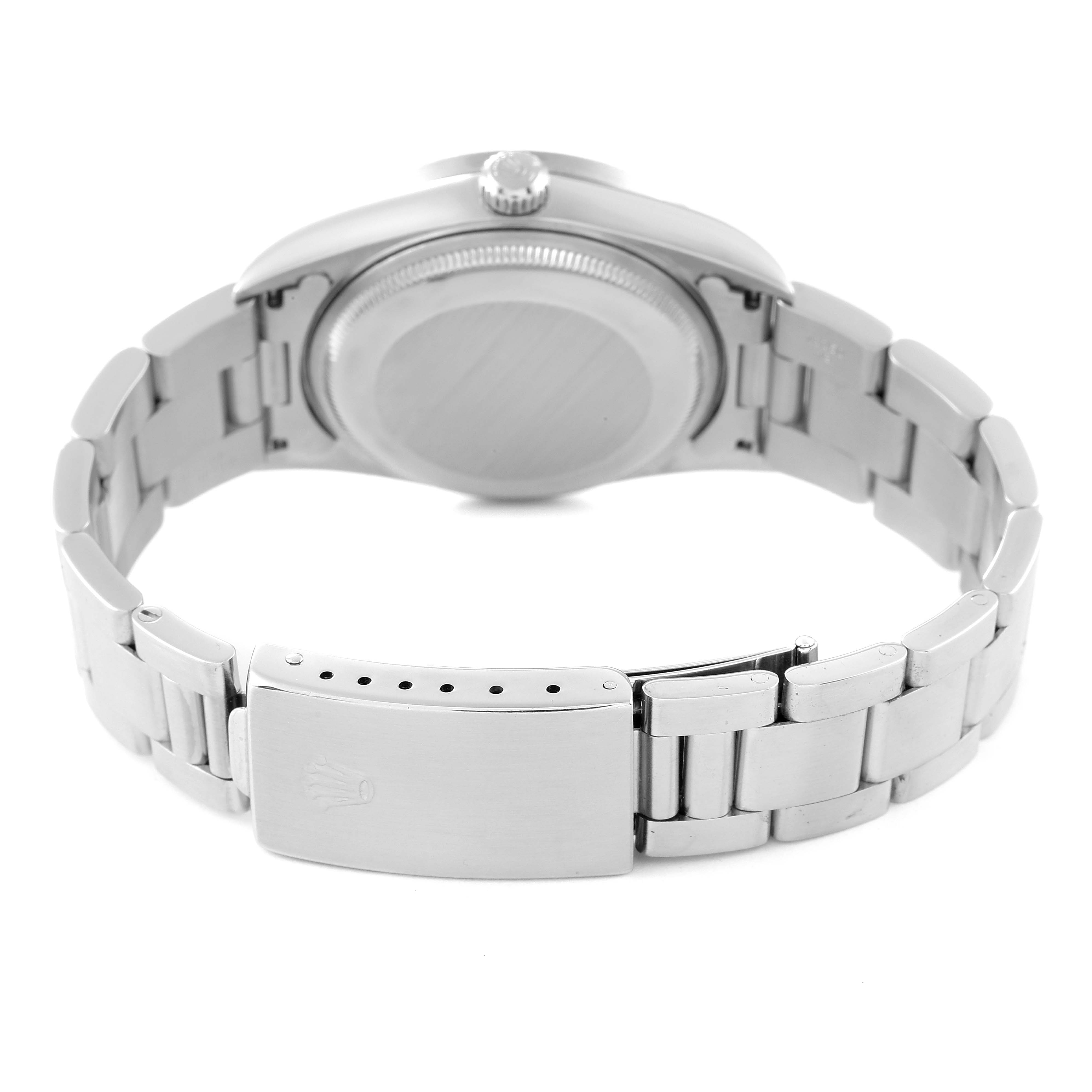 This is a rear view of the Rolex Air-King 14010 Men's Stainless Steel Blue Dial 14010 Men's Stainless Steel Blue Dial watch showing the case back, bracelet, and clasp.