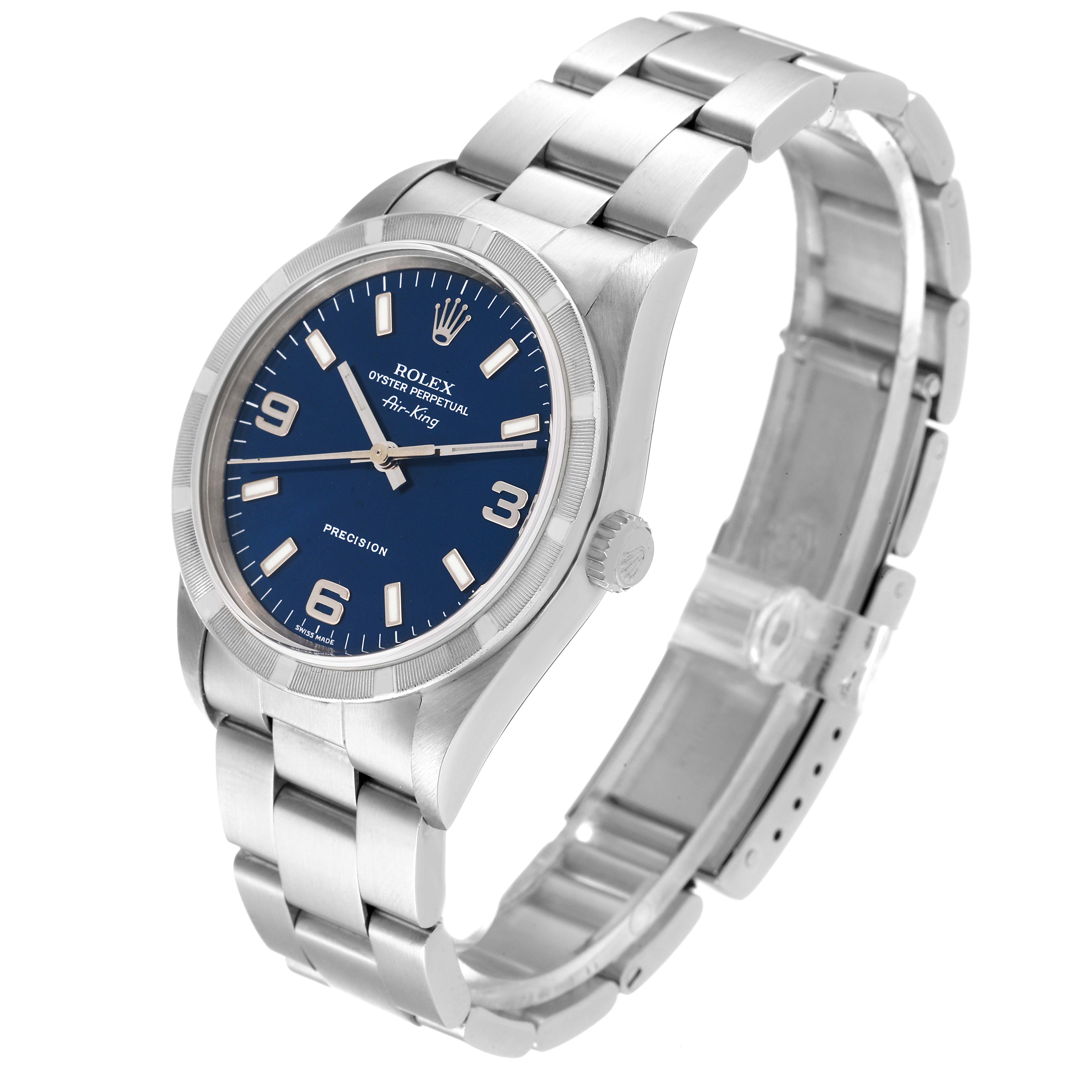 The Rolex Air-King 14010 Men's Stainless Steel Blue Dial 14010 Men's Stainless Steel Blue Dial watch is shown at a slight angle, displaying the dial, bezel, crown, and bracelet.
