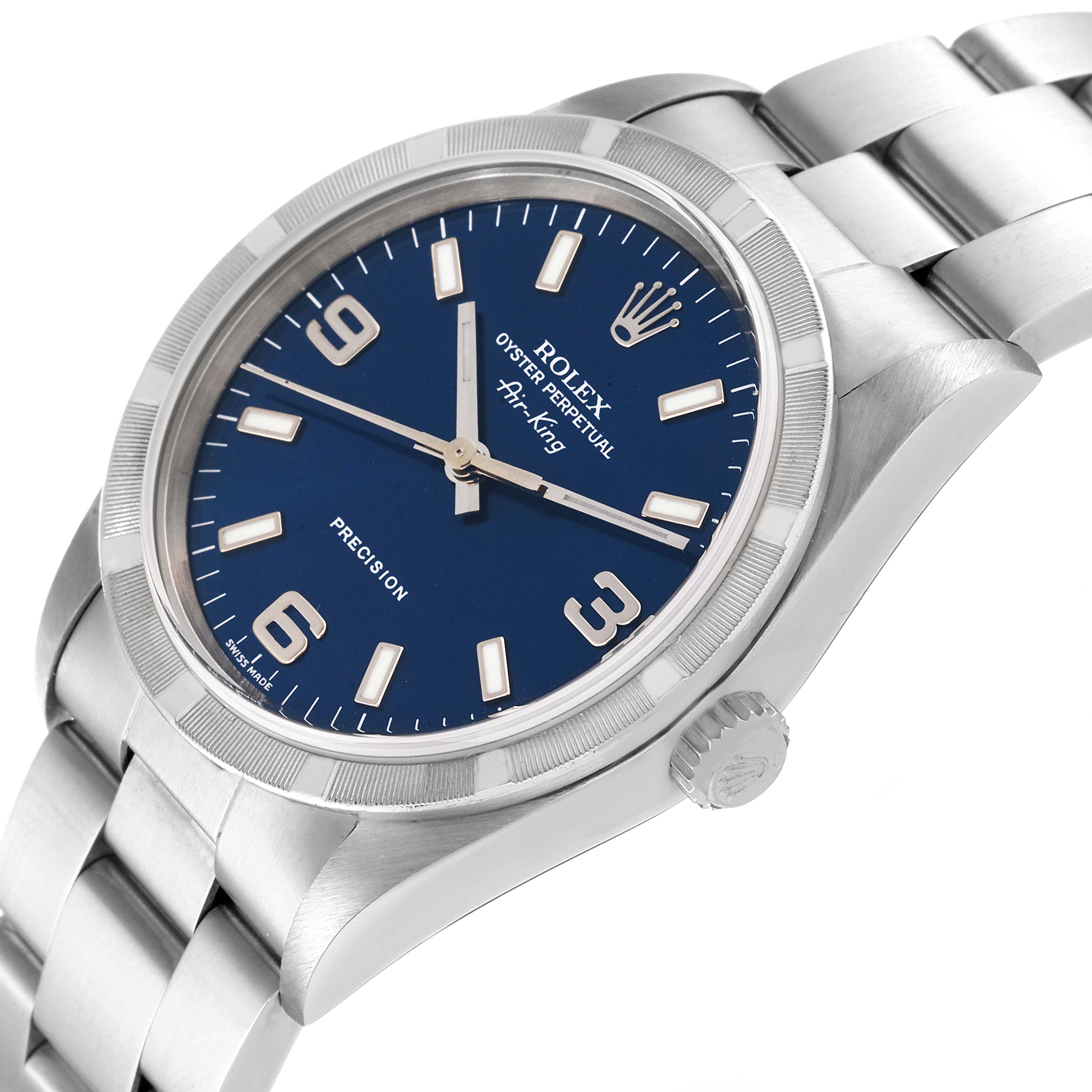 The Rolex Air-King 14010 Men's Stainless Steel Blue Dial 14010 Men's Stainless Steel Blue Dial watch is shown at an angled close-up highlighting the face, crown, and bracelet.