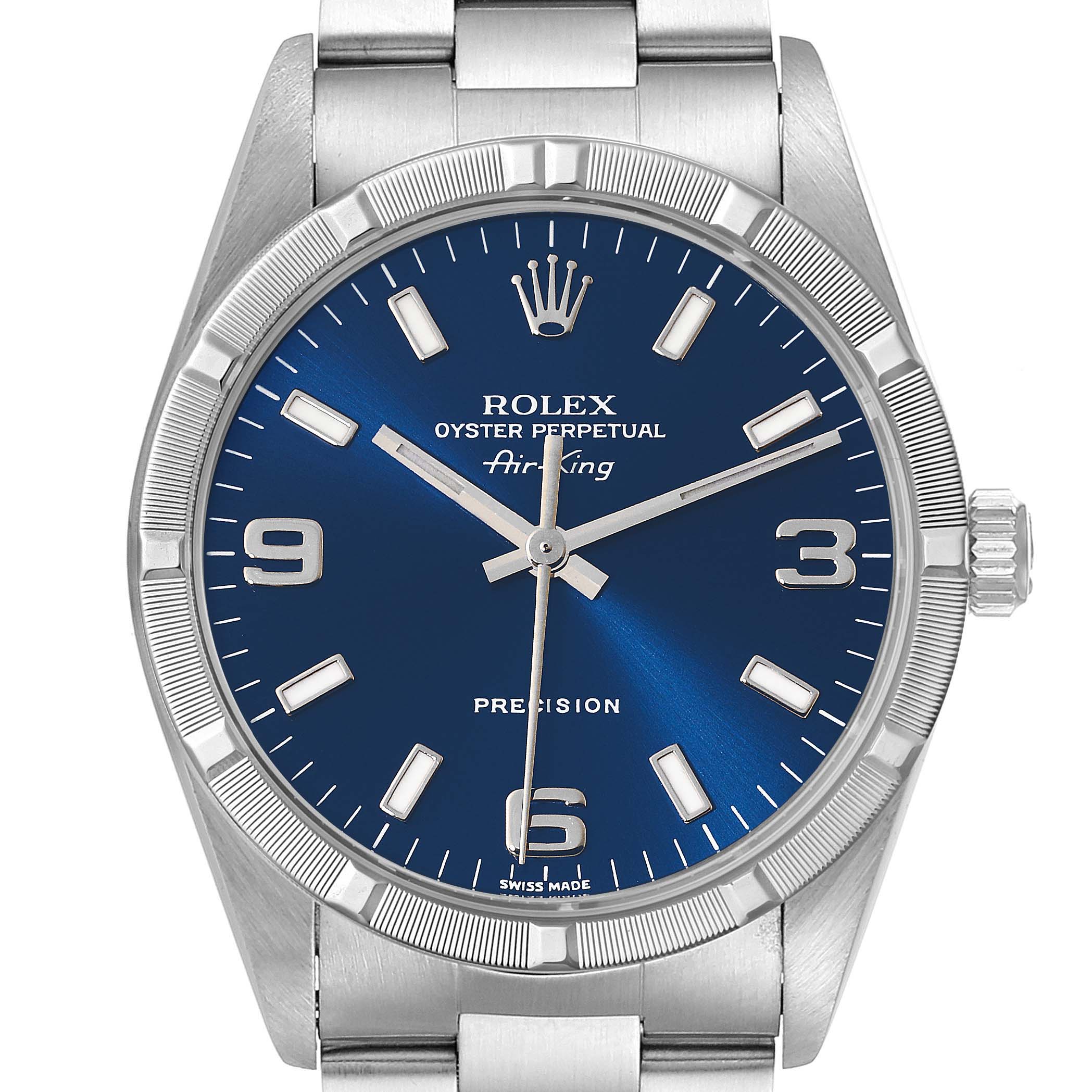 This image shows a frontal view of the Rolex Air-King 14010 Men's Stainless Steel Blue Dial 14010 Men's Stainless Steel Blue Dial watch, displaying its blue dial, hands, and bracelet.
