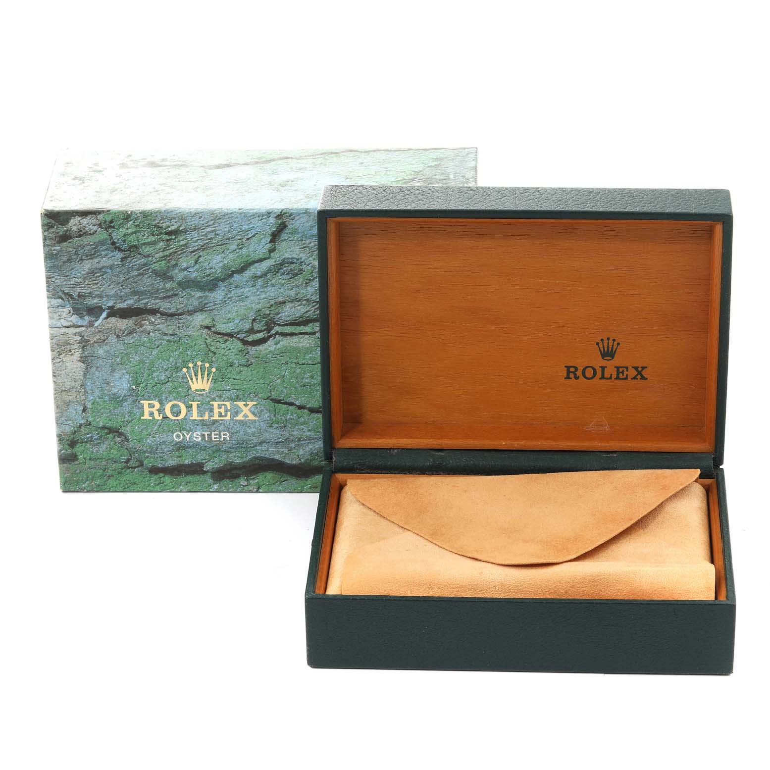 This image shows the open wooden box and outer packaging for the Rolex Air-King 14010 Men's Stainless Steel Blue Dial 14010 Men's Stainless Steel Blue Dial watch.