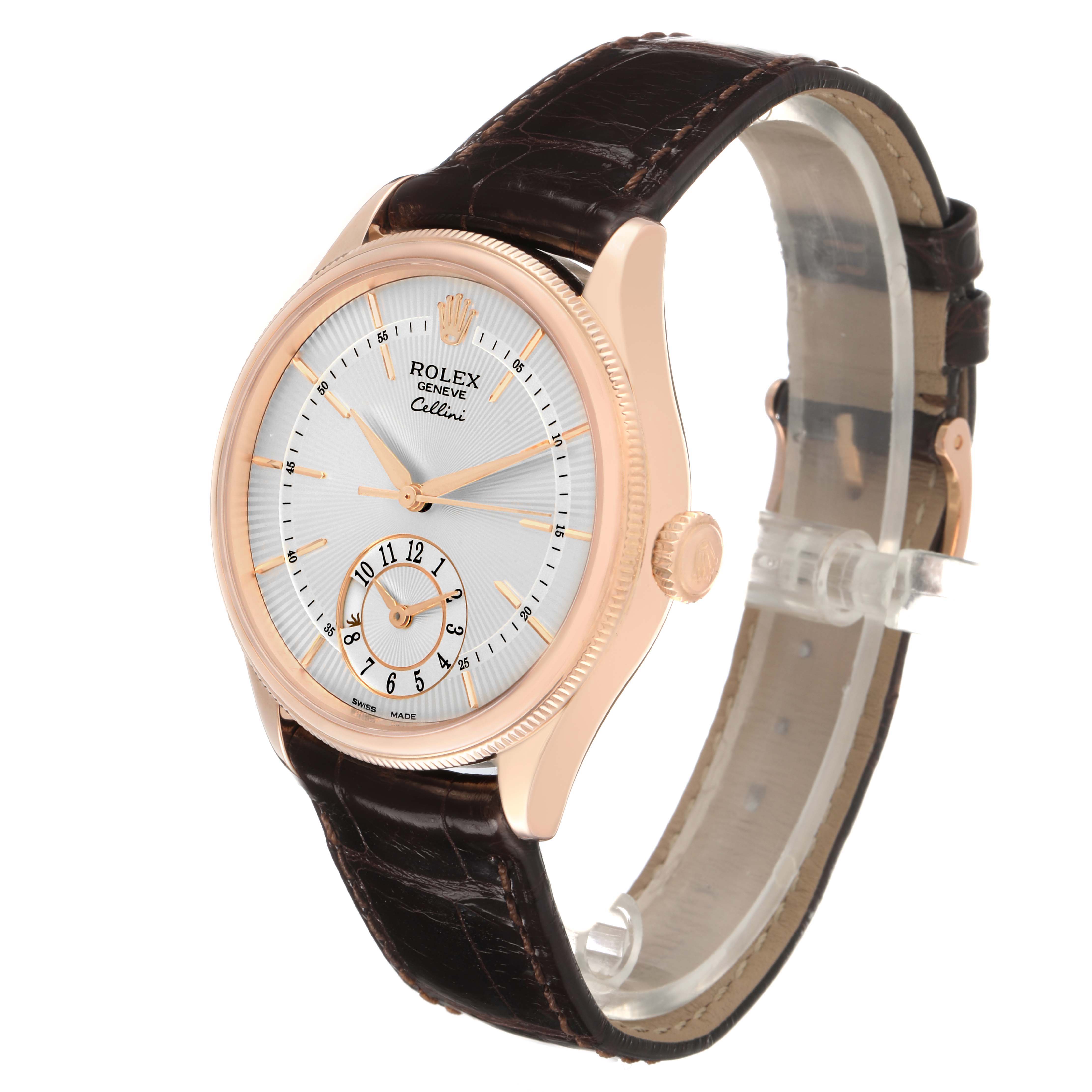 The image shows a Rolex Cellini 50525 Men's Rose Gold Silver Dial watch at a three-quarter angle, highlighting the face, bezel, crown, and leather strap.