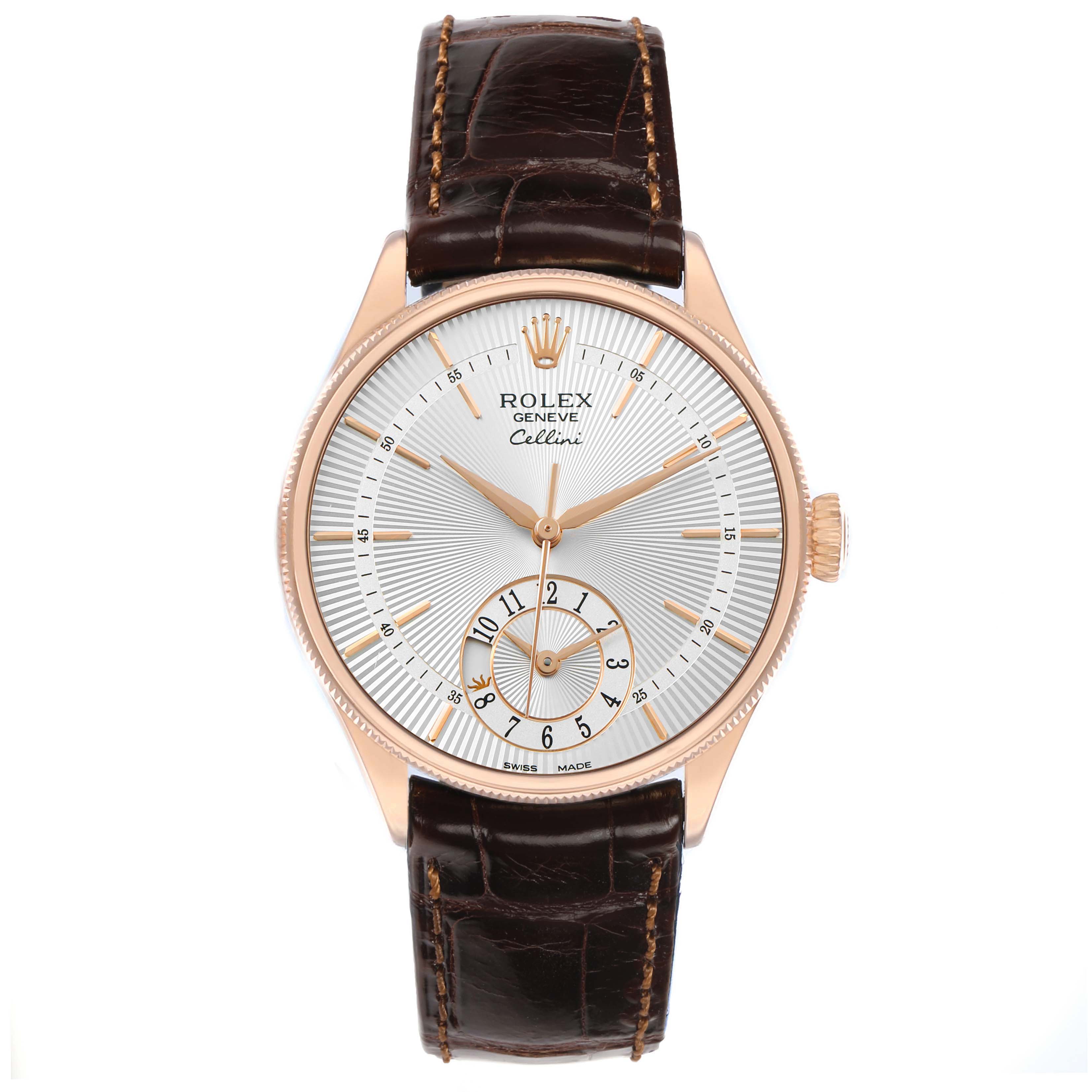 The Rolex Cellini 50525 Men's Rose Gold Silver Dial watch is shown from a top-down angle, highlighting the dial, case, and leather strap.