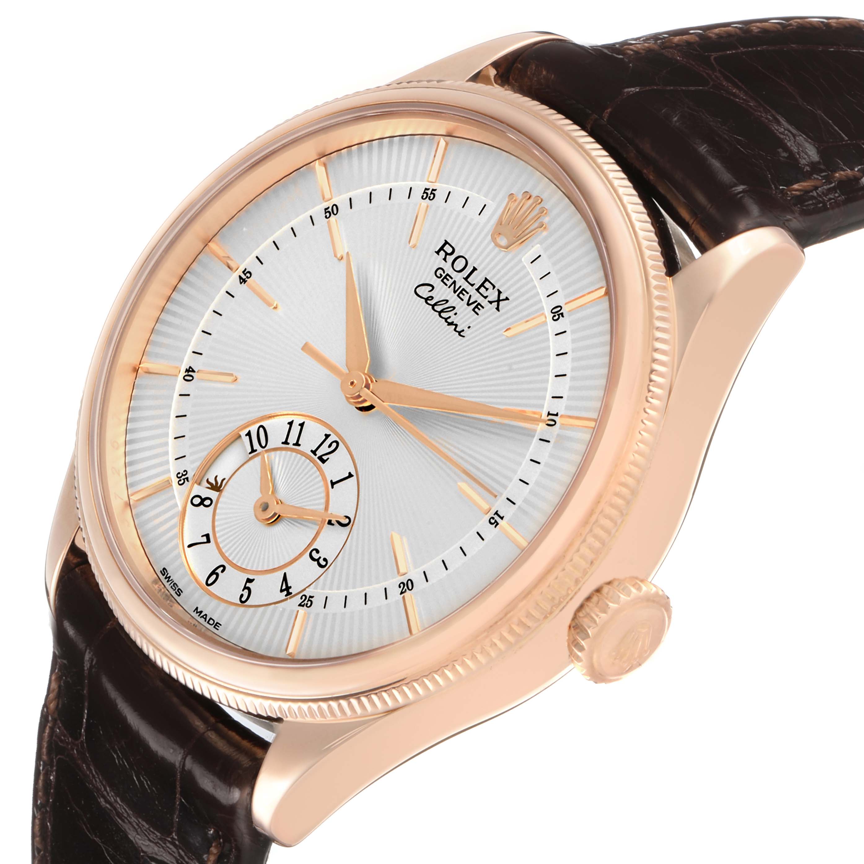 The Rolex Cellini 50525 Men's Rose Gold Silver Dial watch is displayed at a slight angle, highlighting the face, crown, and part of the leather strap.