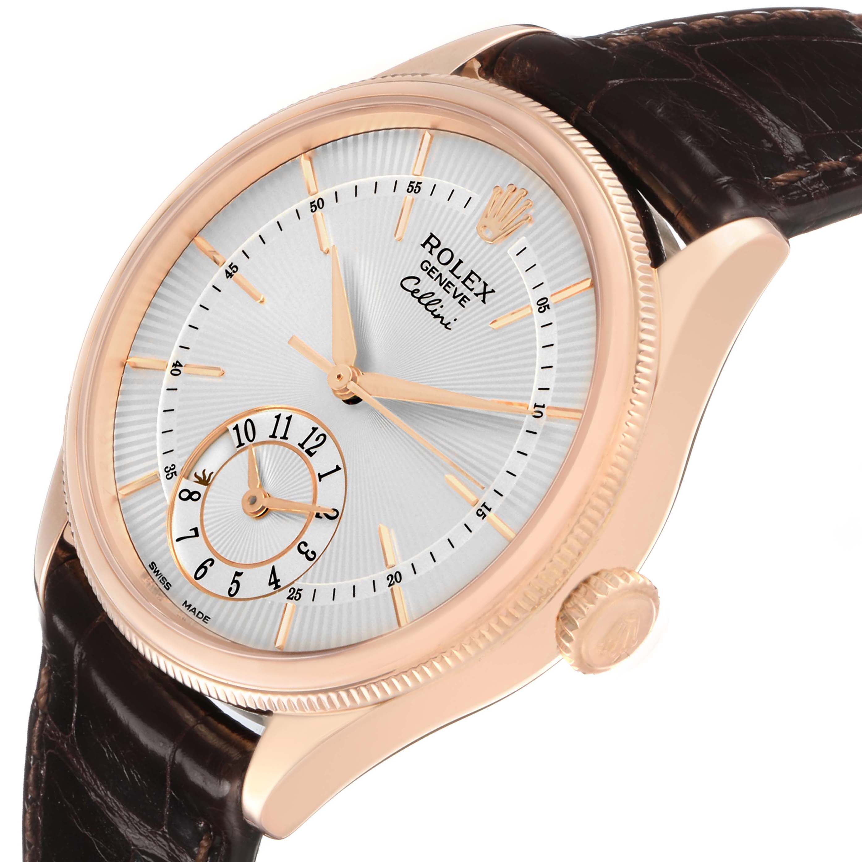 The image shows a Rolex Cellini 50525 Men's Rose Gold Silver Dial watch at an angle highlighting the face, crown, and partially the strap.