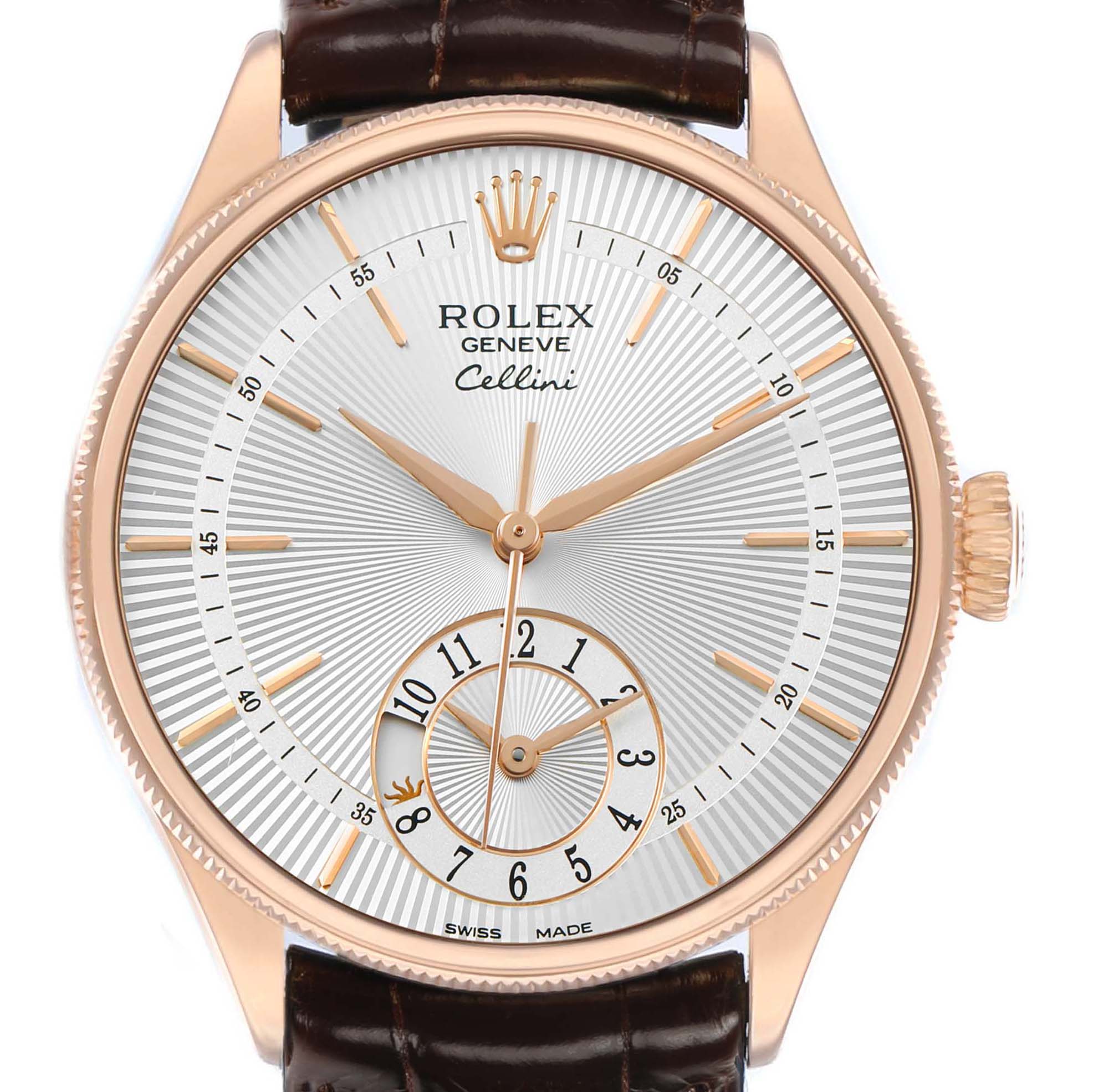 The Rolex Cellini 50525 Men's Rose Gold Silver Dial watch is shown from a front angle, highlighting its dial, crown, and leather strap.