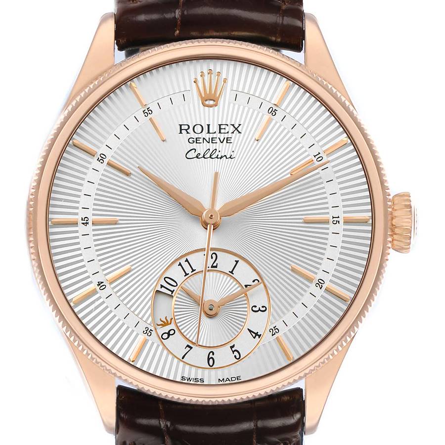The Rolex Cellini 50525 Men's Rose Gold Silver Dial watch is shown from a front angle, highlighting its dial, crown, and leather strap.
