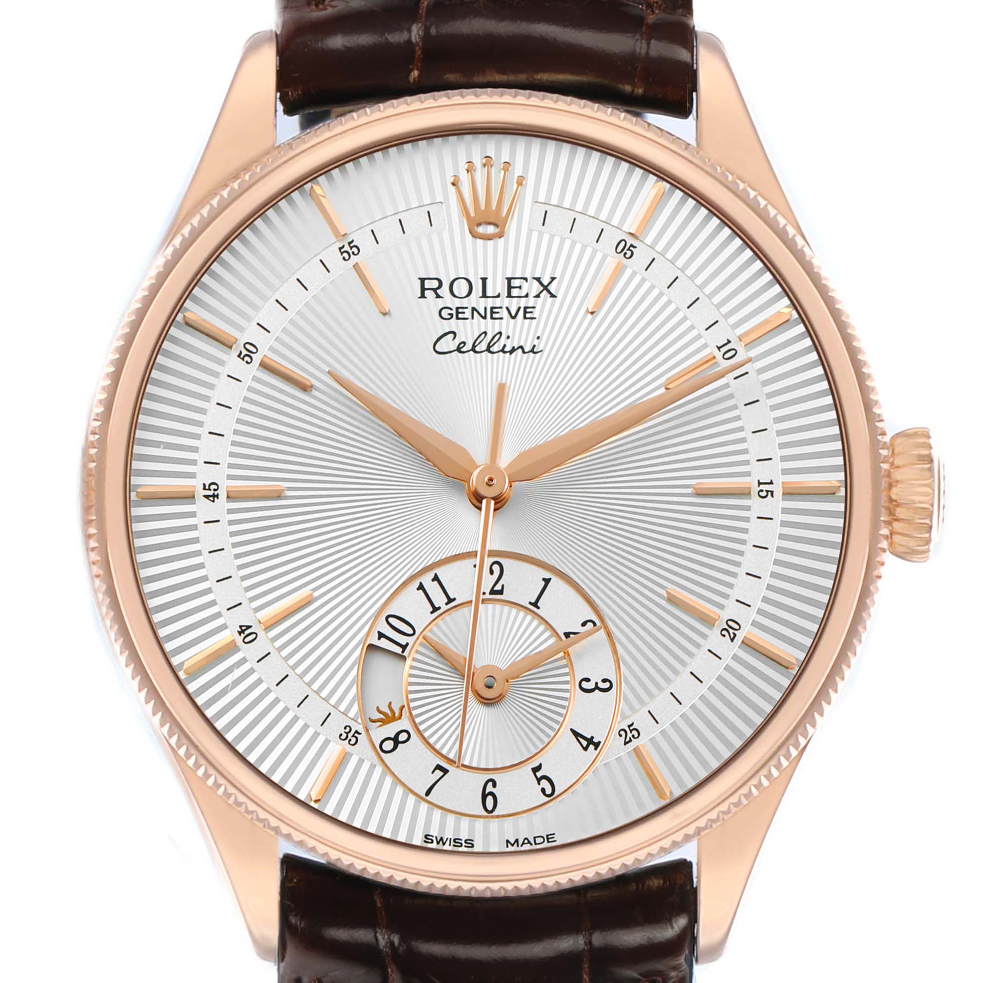 The Rolex Cellini 50525 Men's Rose Gold Silver Dial watch is shown face-on, displaying its dial, hands, and crown with a leather strap.