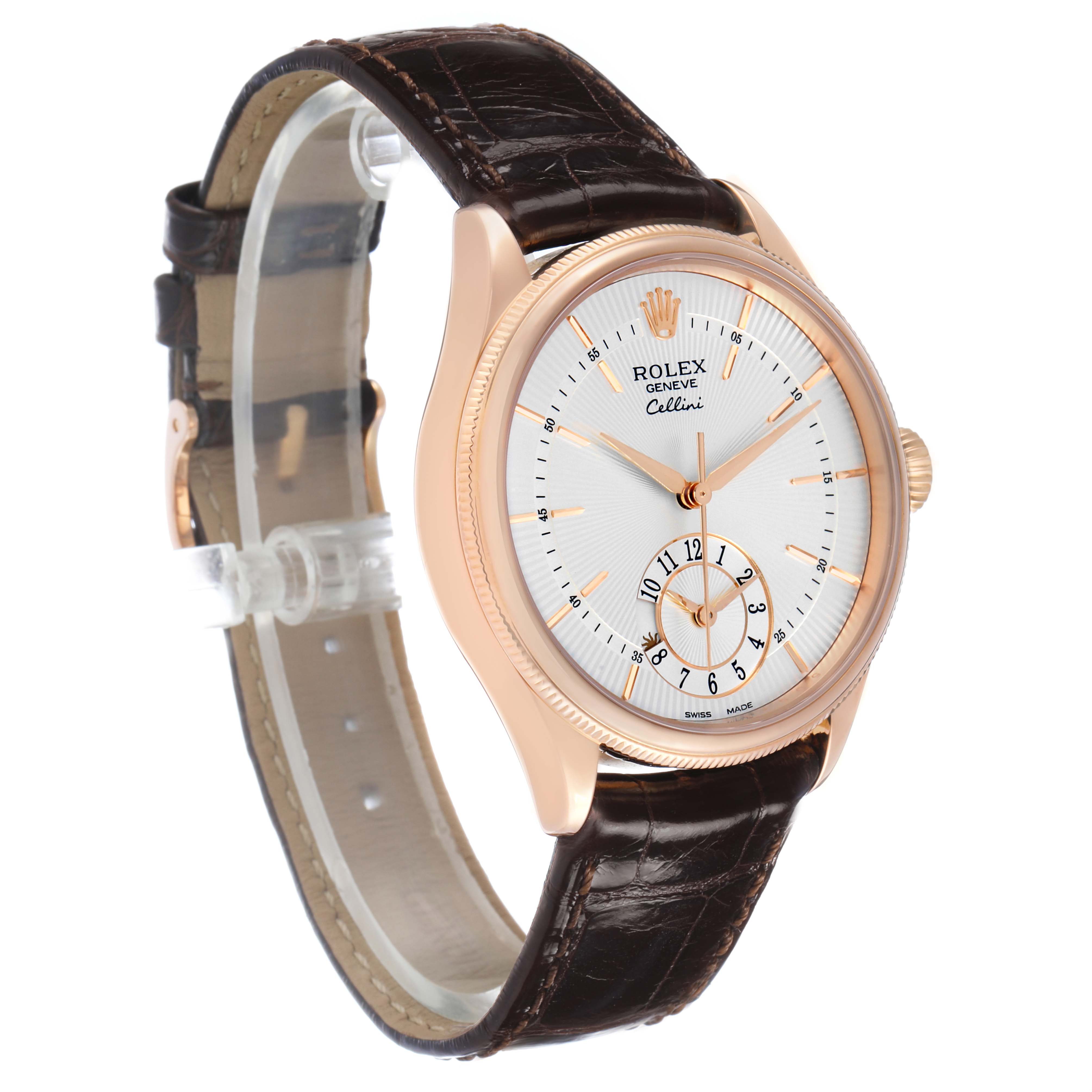 The Rolex Cellini 50525 Men's Rose Gold Silver Dial watch is shown at a three-quarter angle, highlighting its dial, case, and leather strap.