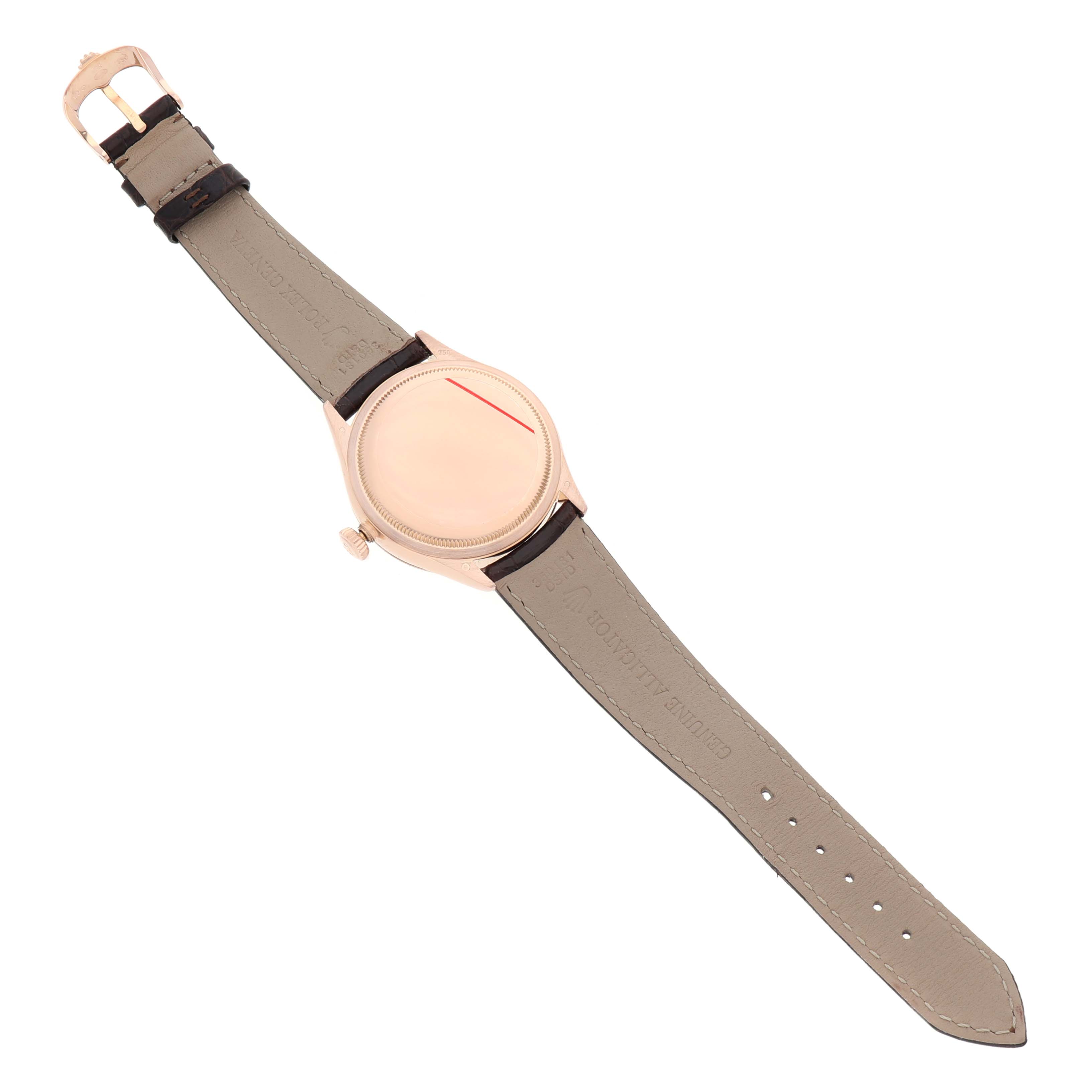 The Rolex Cellini 50525 Men's Rose Gold Silver Dial watch is shown from the back, highlighting the case, crown, and leather strap.