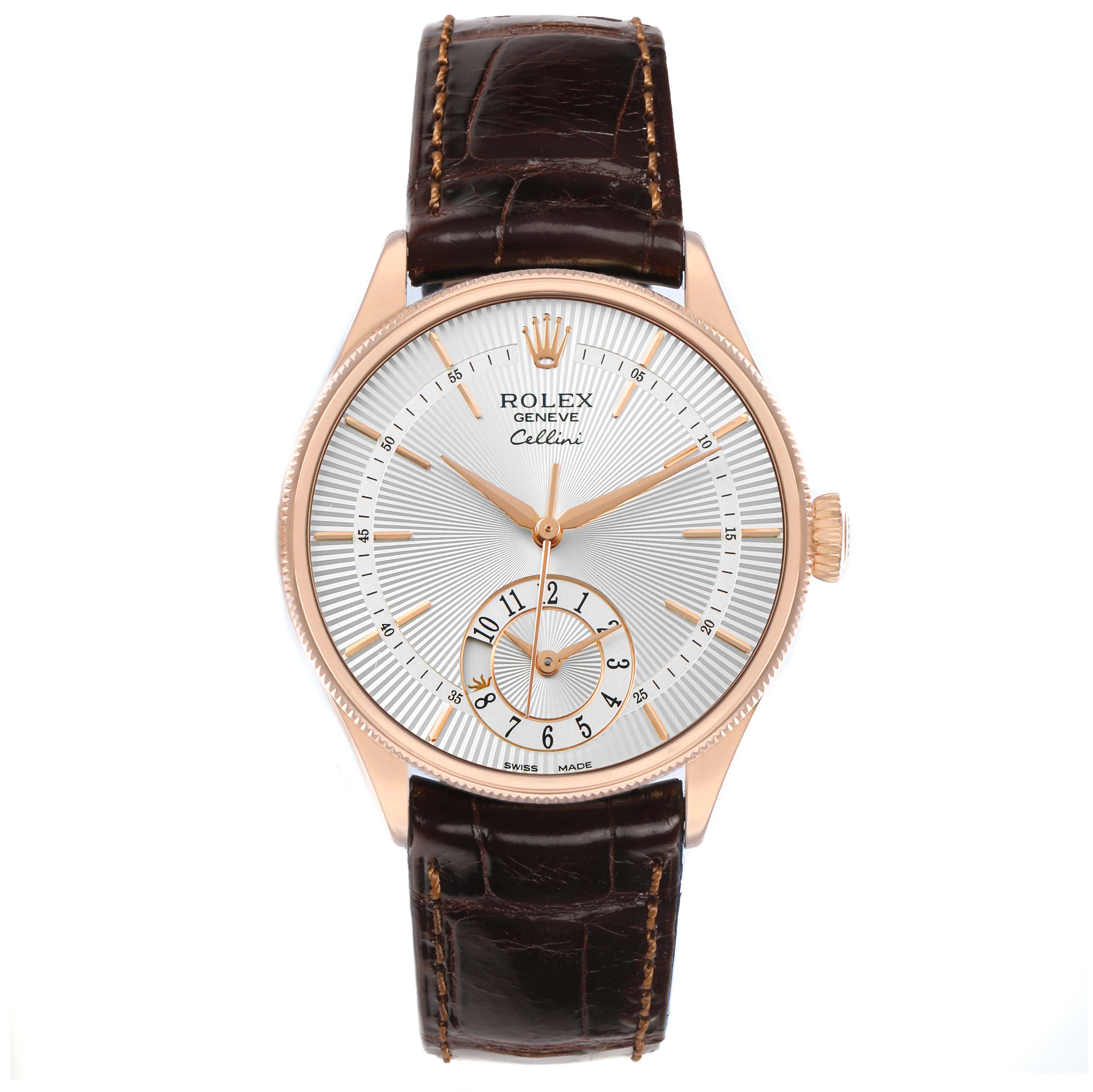 The Rolex Cellini 50525 Men's Rose Gold Silver Dial watch is shown from a top-down angle, displaying the dial, hands, crown, and leather strap.