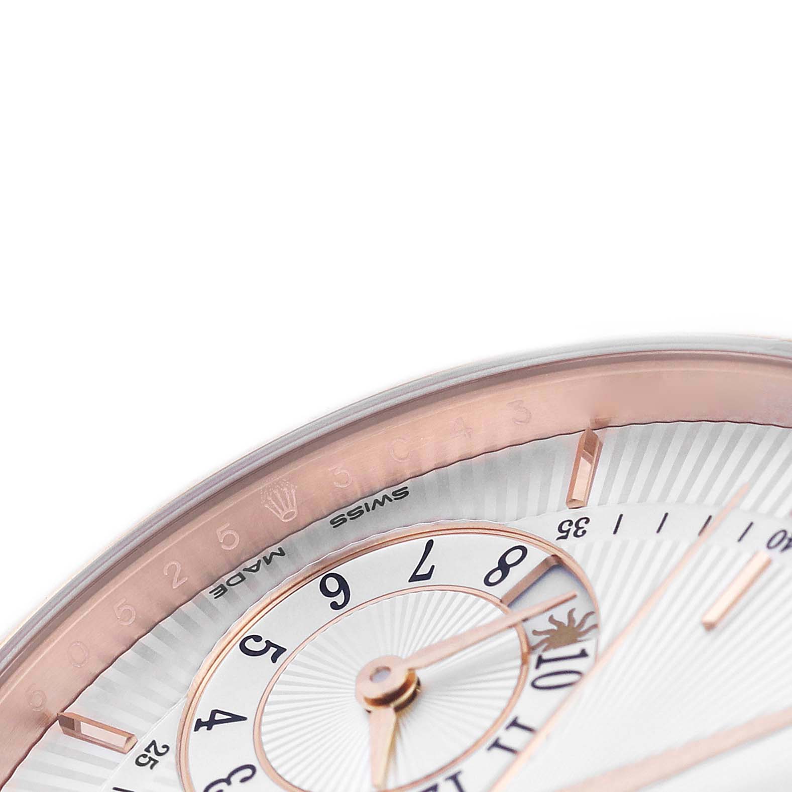 The image shows a close-up angle of the dial on a Rolex Cellini 50525 Men's Rose Gold Silver Dial, highlighting the rose gold hour markers, hands, and part of the inner sub-dial.