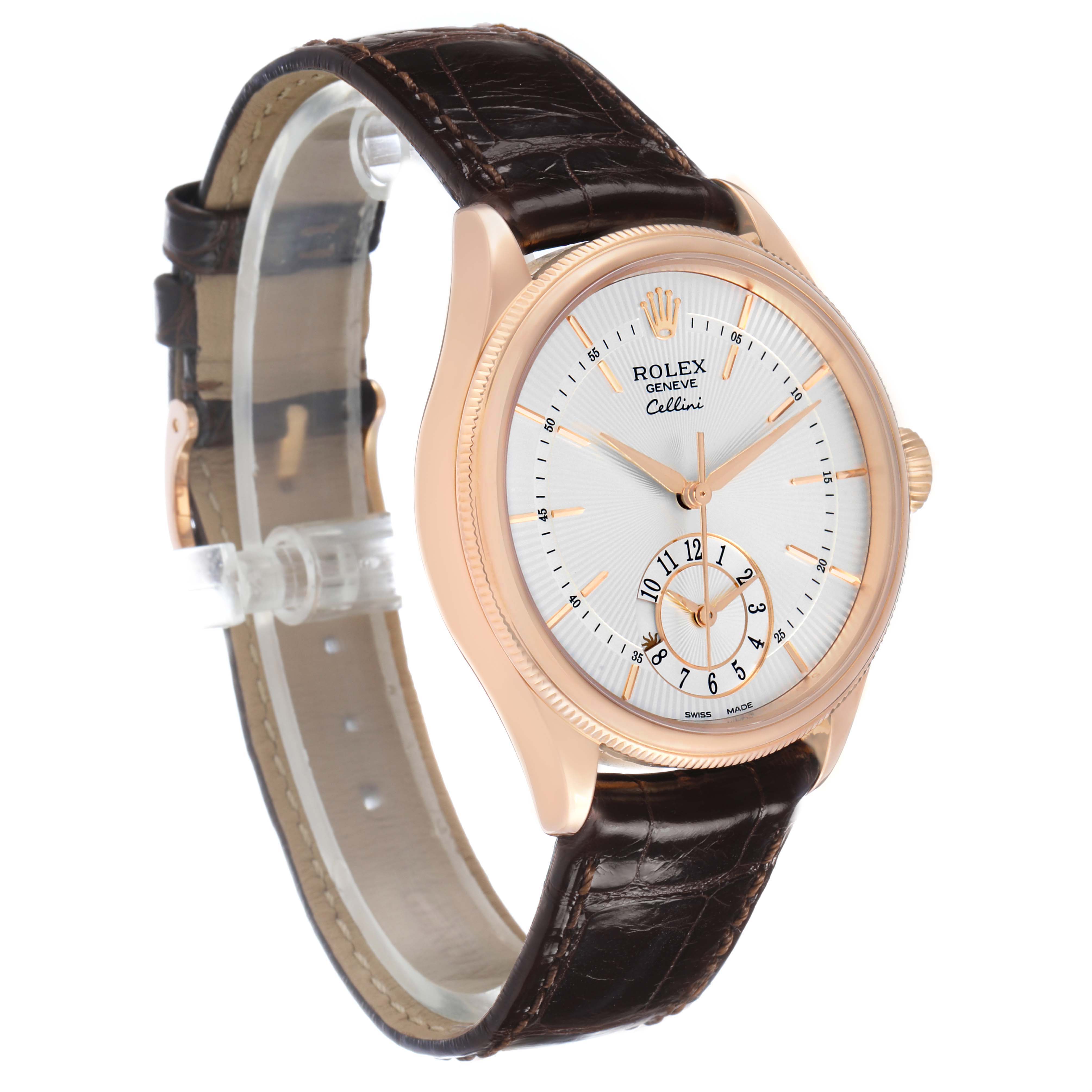 The Rolex Cellini 50525 Men's Rose Gold Silver Dial watch is shown at a three-quarter angle, highlighting the dial, case, crown, and leather strap.