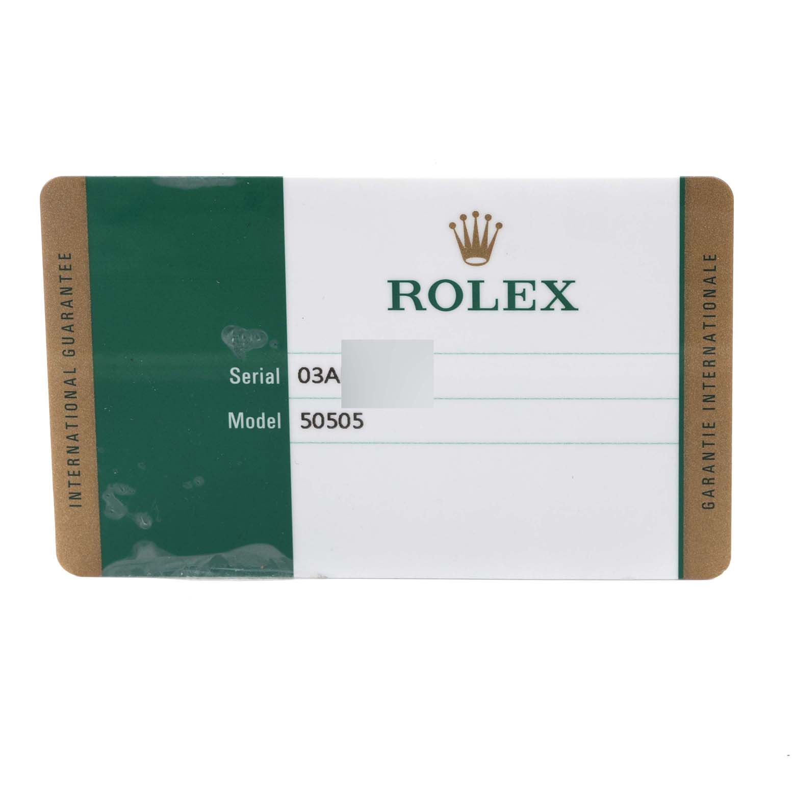The image shows a guarantee card for the Rolex Cellini 50505 Men's Rose Gold Black Dial 50505 Men's Rose Gold Black Dial model 50505, with the serial number partially visible.
