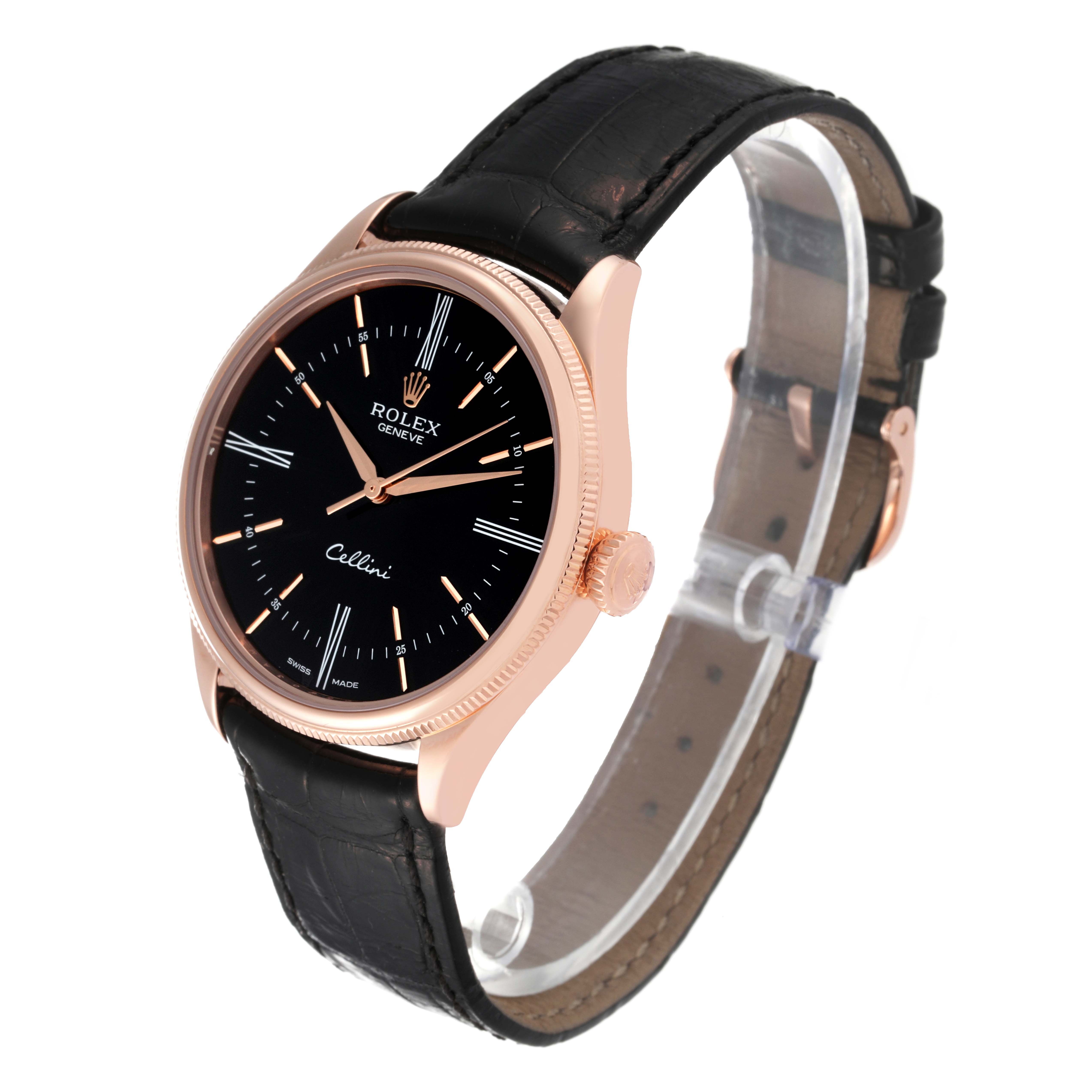 The image shows a Rolex Cellini 50505 Men's Rose Gold Black Dial 50505 Men's Rose Gold Black Dial watch at a slight angle, displaying the watch face, crown, and leather strap.