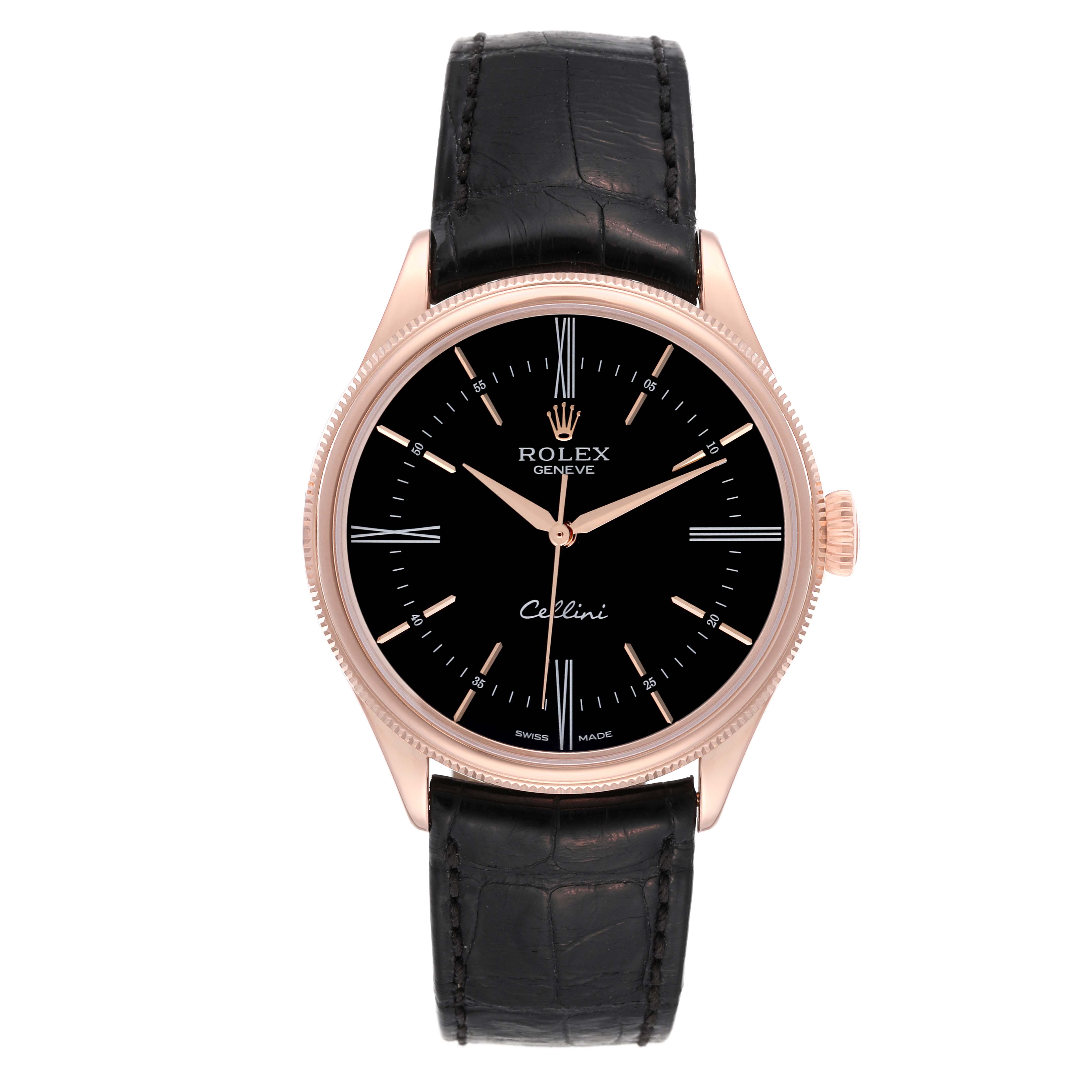 This image shows a front view of a Rolex Cellini 50505 Men's Rose Gold Black Dial 50505 Men's Rose Gold Black Dial watch featuring its black dial, rose gold case, and black leather strap.